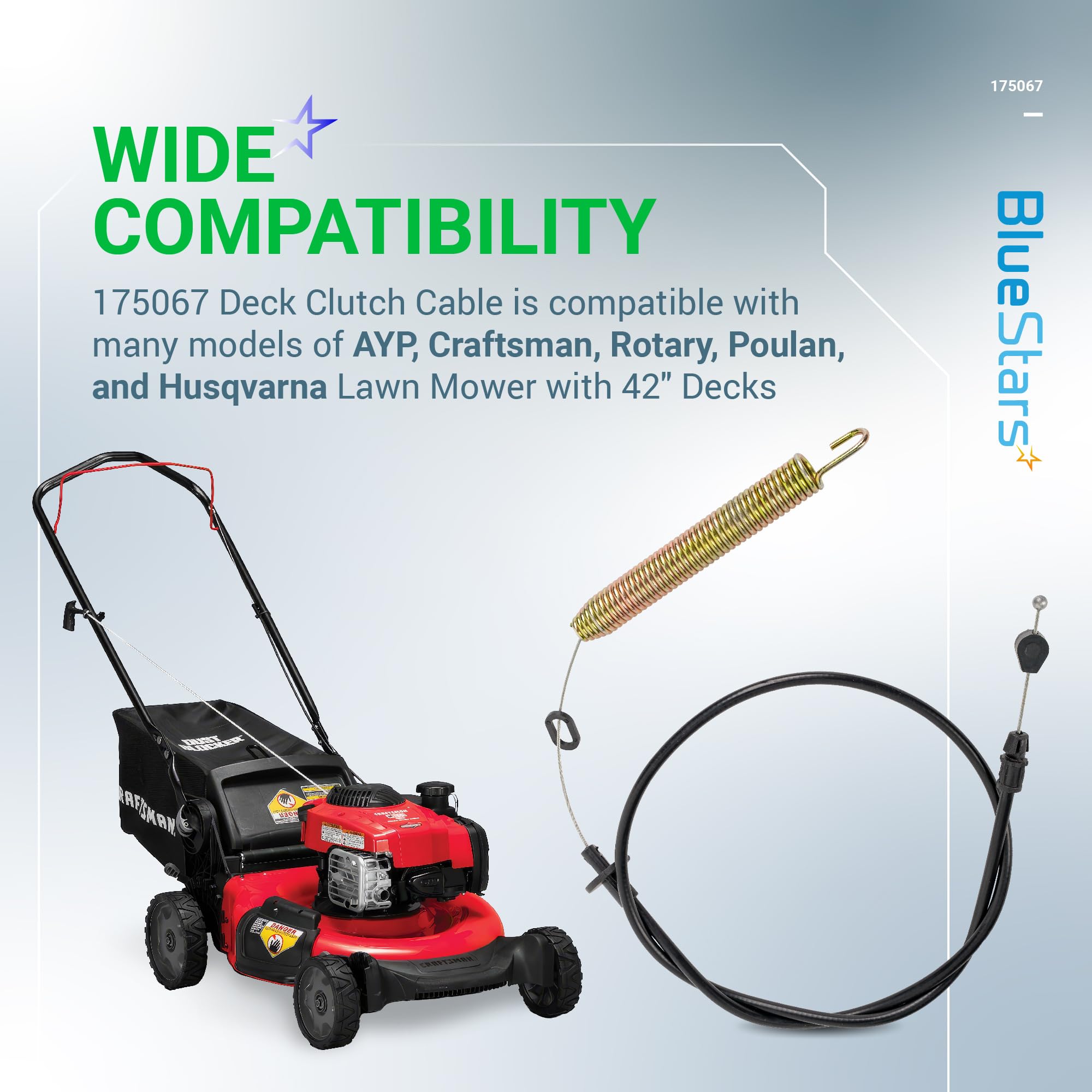 BlueStars 175067 Cable de embrague de cubierta para cortacésped – Compatible con Craftsman AYP Poulan Weed Eater Ryobi 169676 532169676 532175067 21547184 cortacésped de 42 pulgadas LT1000 LT2000