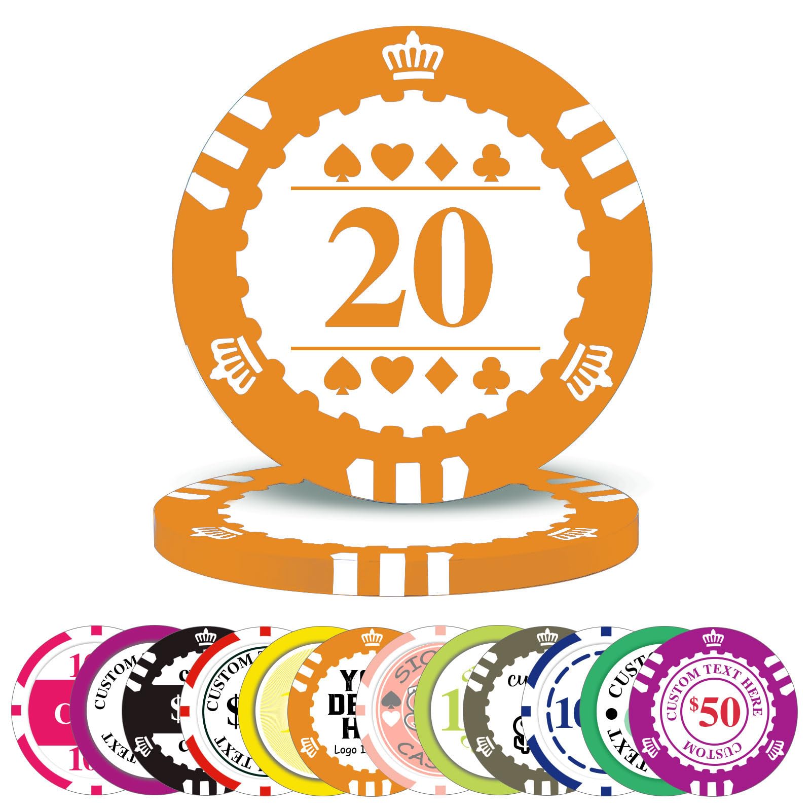 100-1000 Pcs Custom Plastic Poker Chips,Personalised Double Sided Full Color,Custom Your Logo Image Text, Design for Business Cards, Bar, Party,Corporate Events, Drink Token (Orange)