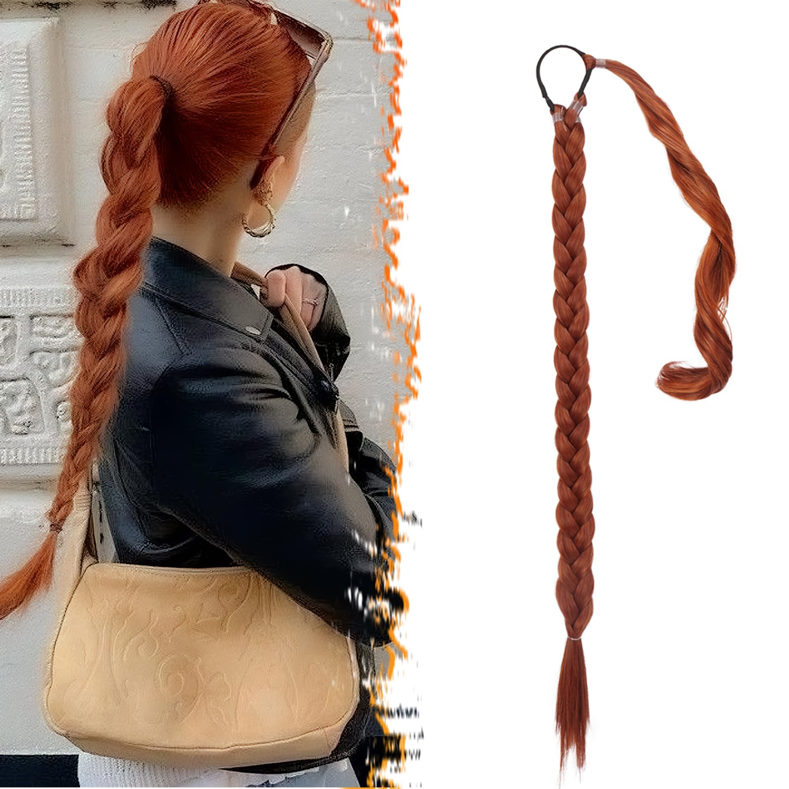 BARSDAR 26 Inch Long Braided Ponytail Extension - Straight Wrap Around Copper Red Braid Ponytail Hair Extensions with Hair Tie - Synthetic Pony Tails
