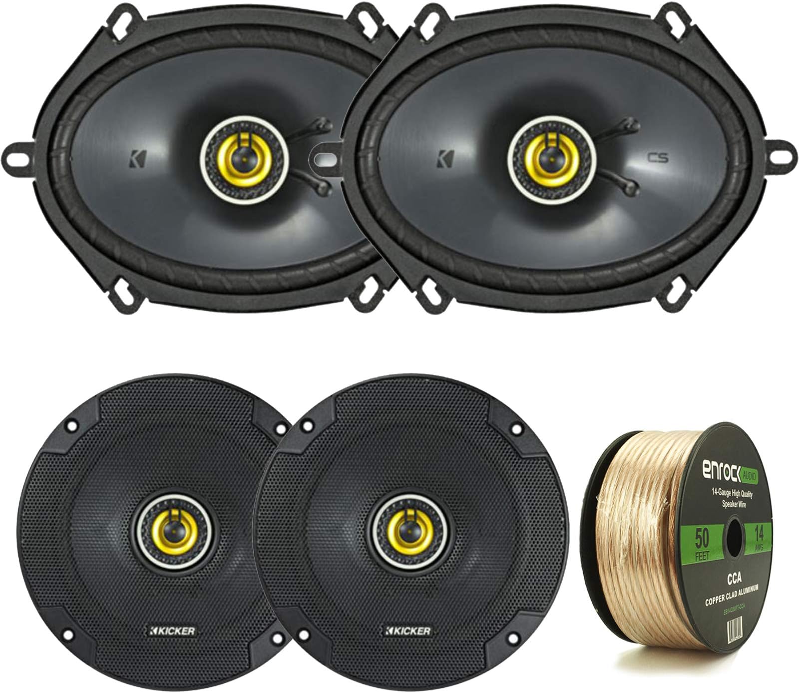 2 Pair Car Speaker Package: 2X Kicker 46CSC684 450-Watt 6x8 2-Way Black Car Coaxial Speakers + 2X CSC654 600-Watt 6-1/2" Inch 2-Way Speakers - Bundle Combo with Enrock 50 Foot 14 Gauge Speaker Wire