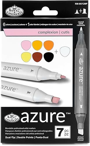 Royal & Langnickel Azure, juego de marcadores a base de alcohol de doble punta de 7 piezas, incluye 6 marcadores y 1 licuadora, colores de tez