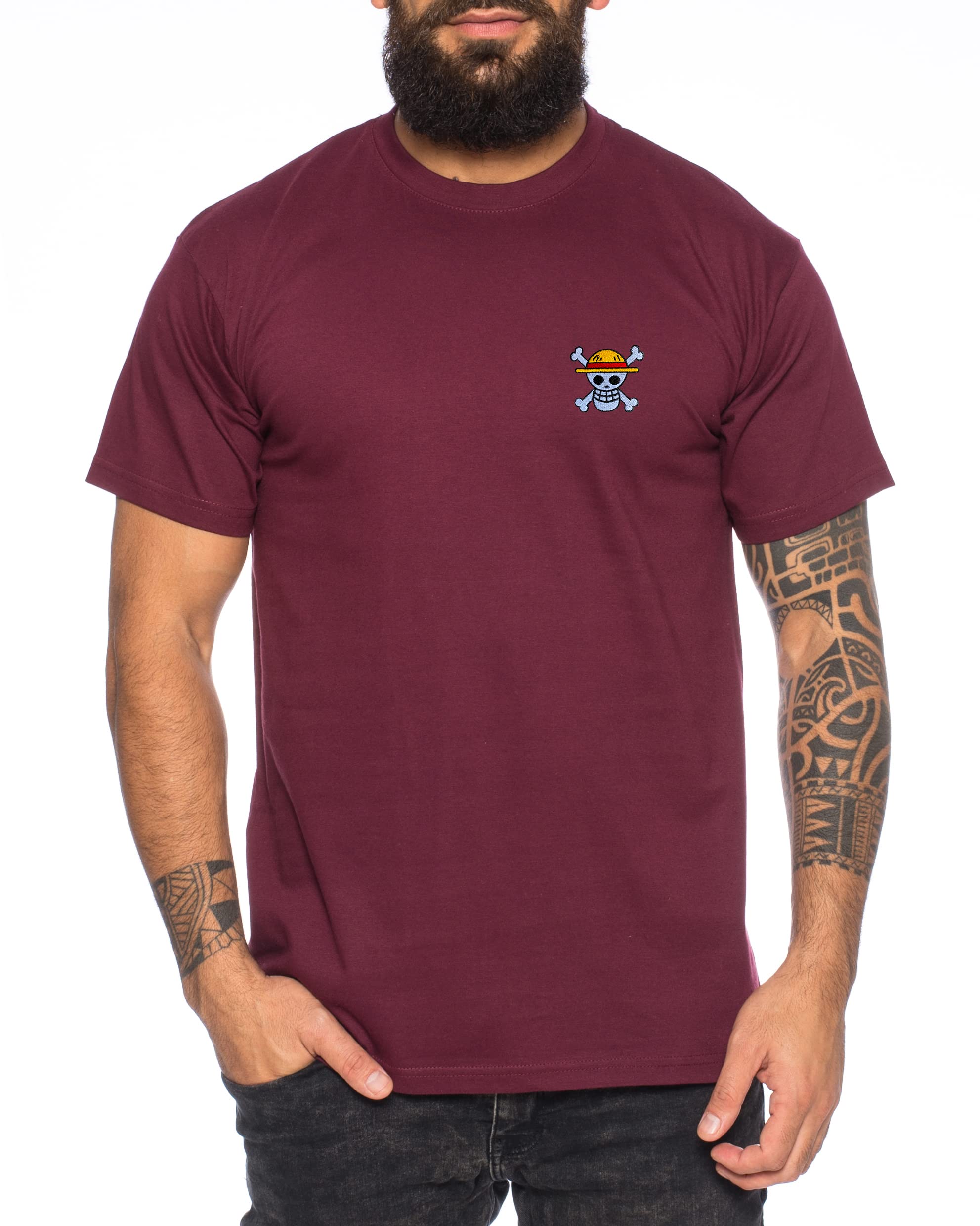 Ruffy Straw Hat Embroidered Men's T-Shirt - Manga Stick One Pirate Piece Anime Luffy Zoro