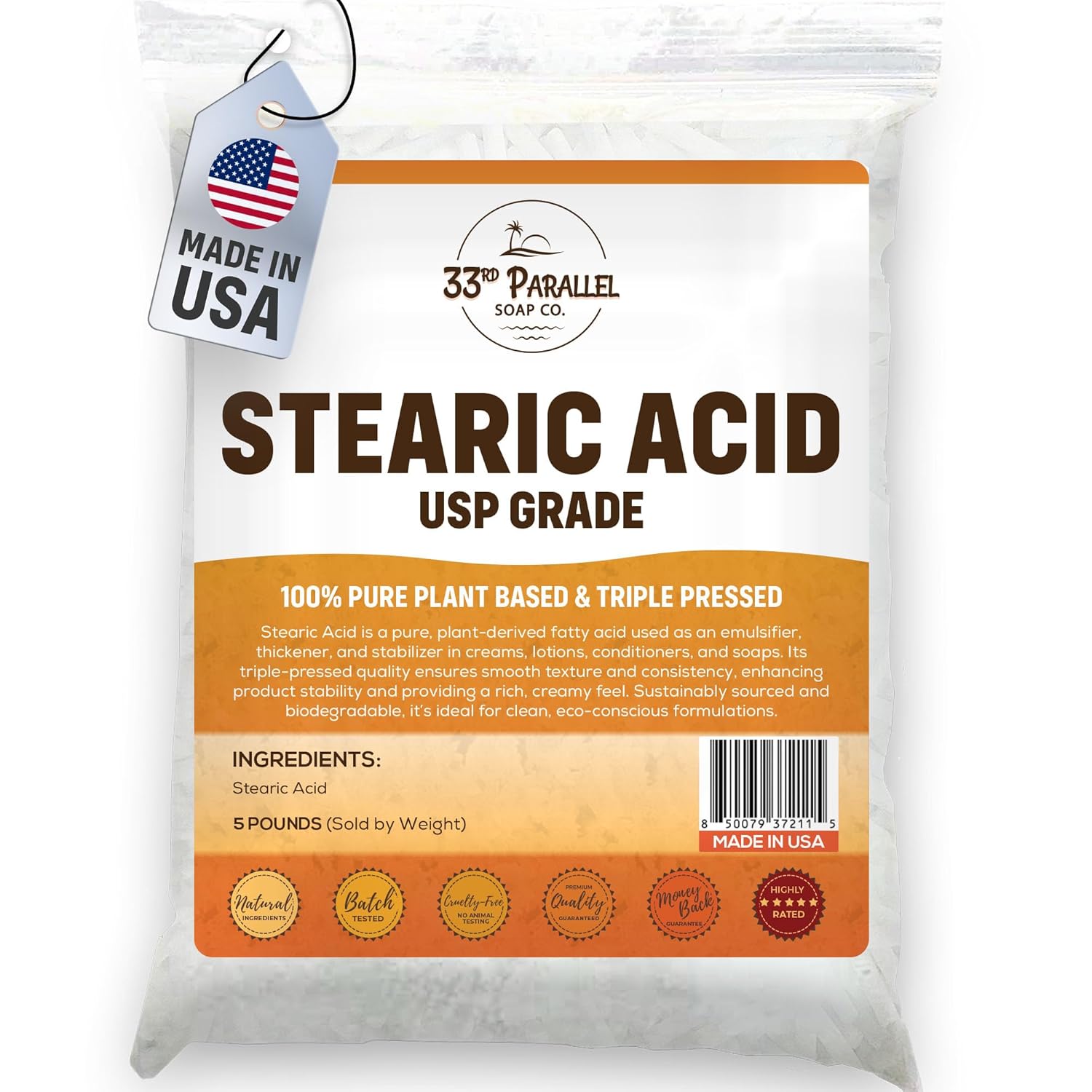 Stearic Acid USP Grade (5 Lbs) White Flakes Triple Pressed NF/USP | 100% Plant-Based, Natural Emulsifier, Solidifier & Thickener for Creams, Lotions, Soaps & Candle Making | 5 POUNDS