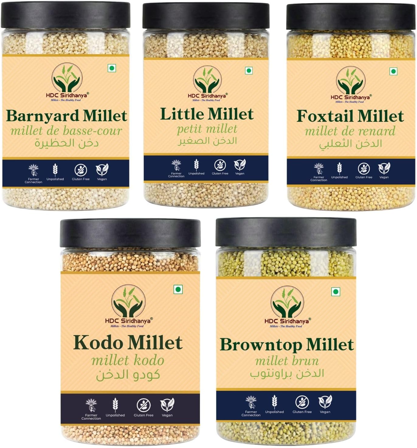 Siridhanya Unpolished and Organic millets (Little, Foxtail, Kodo, Brown_top & Barnyard millet) Each millet 900gm pack of 5 in Jar