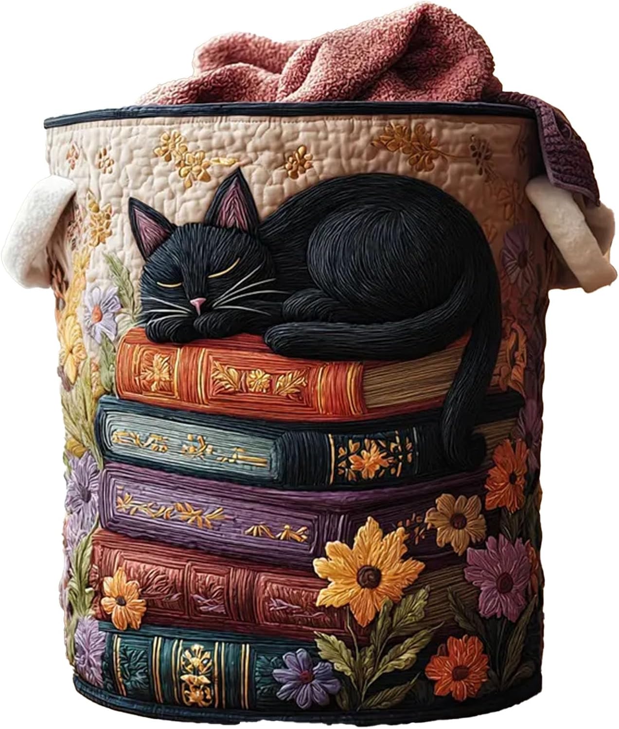 Cat Laundry Basket, Vintage Books Embroidered Laundry Basket, Cute Floral Cat Decorative Storage Bin with Handles for Clothes, Toys, Books, Blankets for Home, Bedroom, Bathroom, Nursery (F)