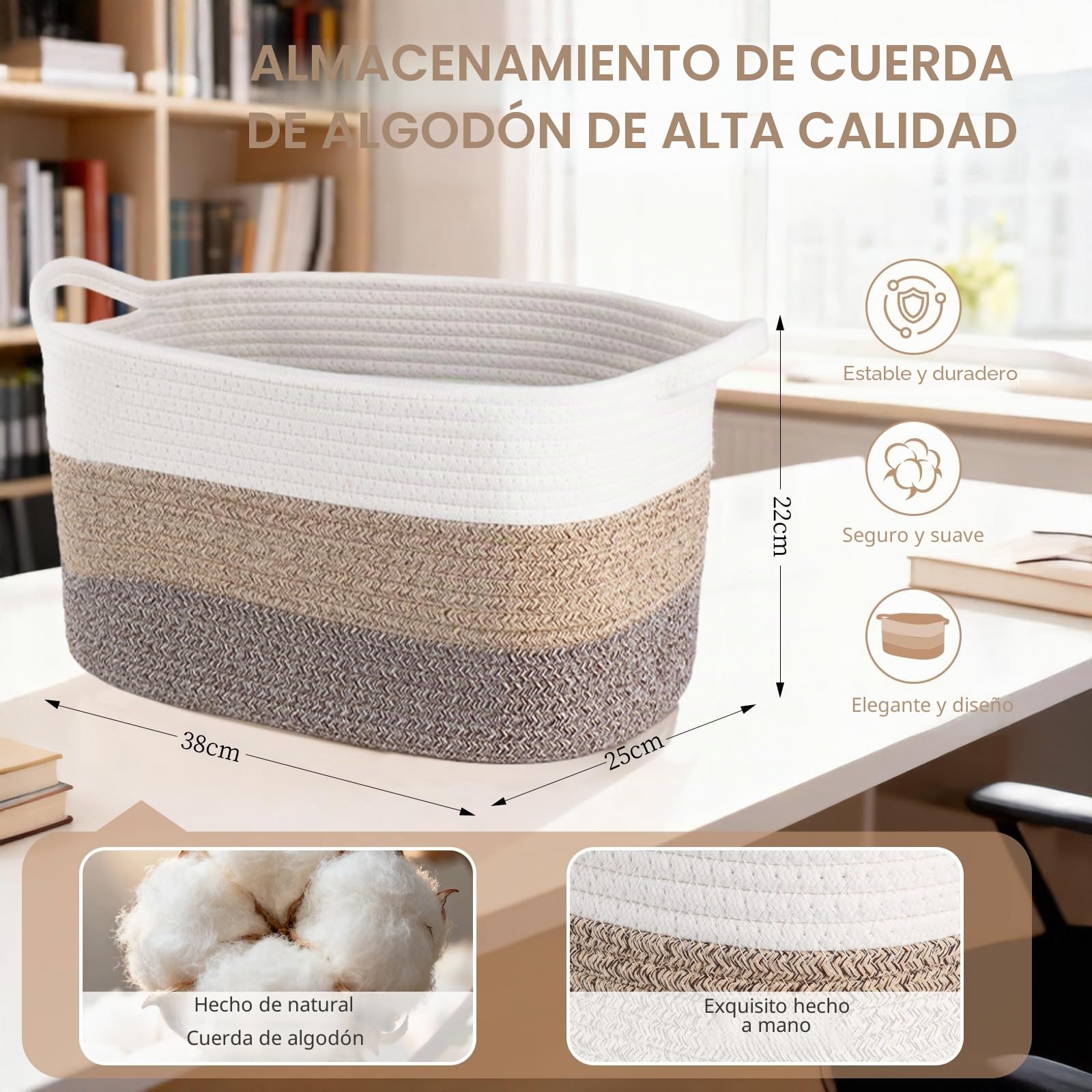 Conjunto de 3 cestas de almacenamiento con correa de algodón (caqui)| Cesta de regalo para bebés, cesta de almacenamiento para juguetes infantiles y cesta de ropa de niños | Cesta de estantería