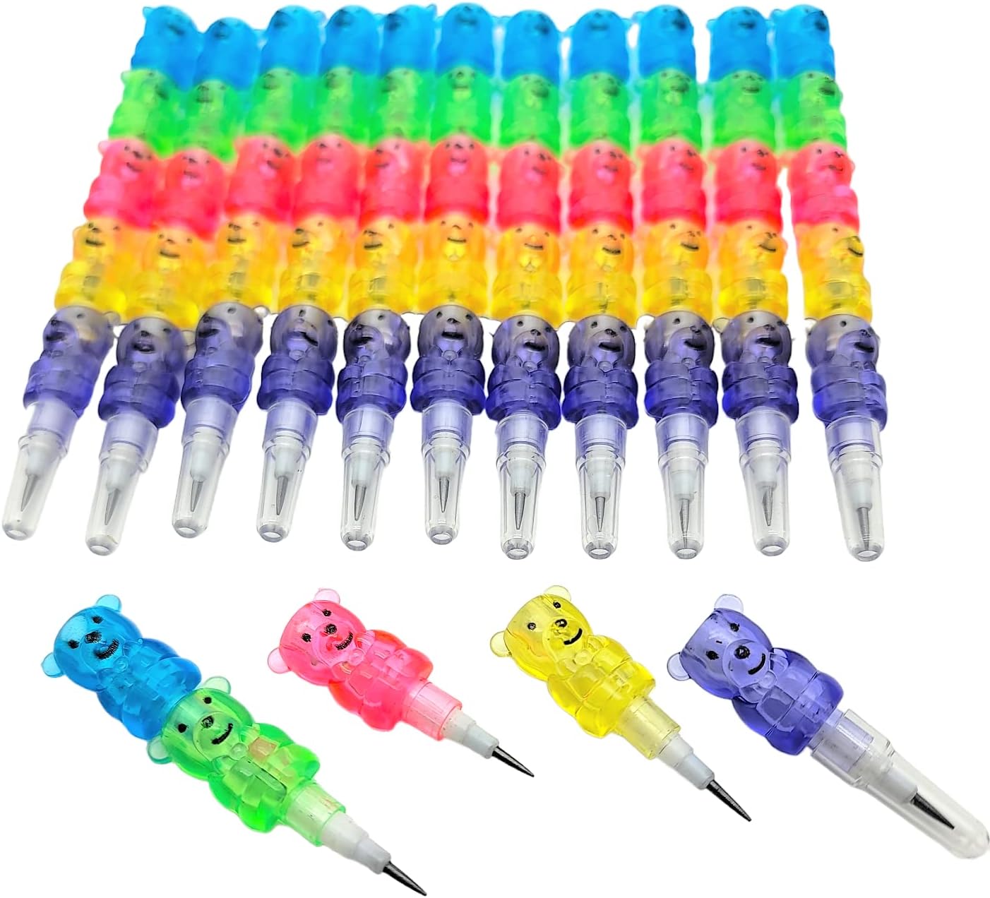 Zugar Land Colorful Transparent Stackable Bear Shaped Pencils (5") Fine Point Already Sharpened Ready to Use! 5 Parts and 5 Colors Each! Plastic. Party Favor, School Supplies (48)