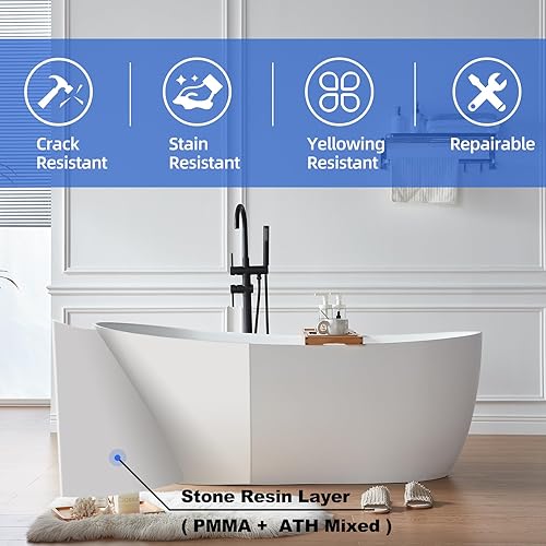 Miniatura 2 de Cpingao Bañera independiente de resina de piedra blanca mate con superficie sólida moderna tina de remojo independiente con desbordamiento y drenaje