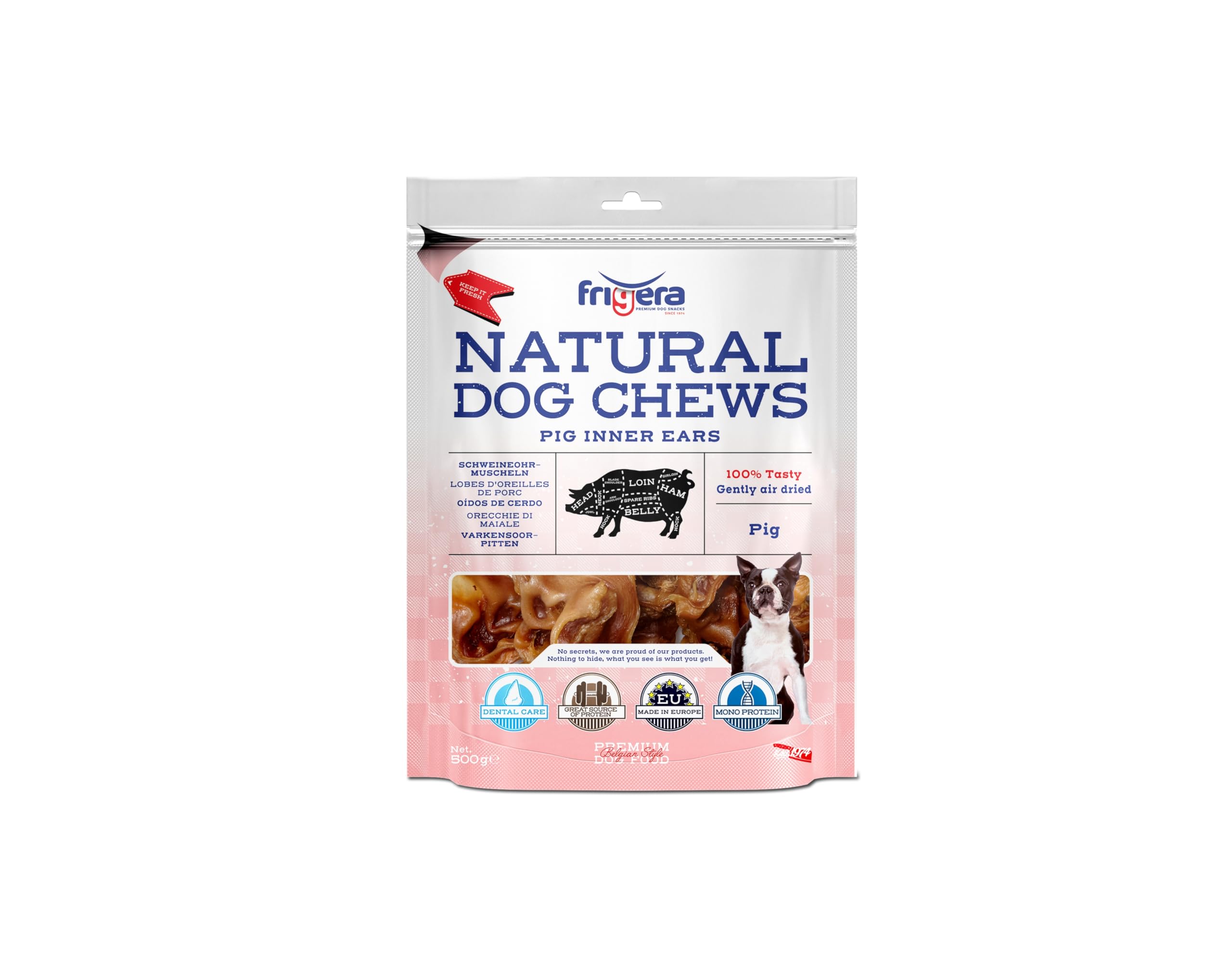 Frigera Lobes d'oreilles de Porc 500g – Friandises Naturelles et Riches en protéines pour Chiens, sans Gluten ni céréales