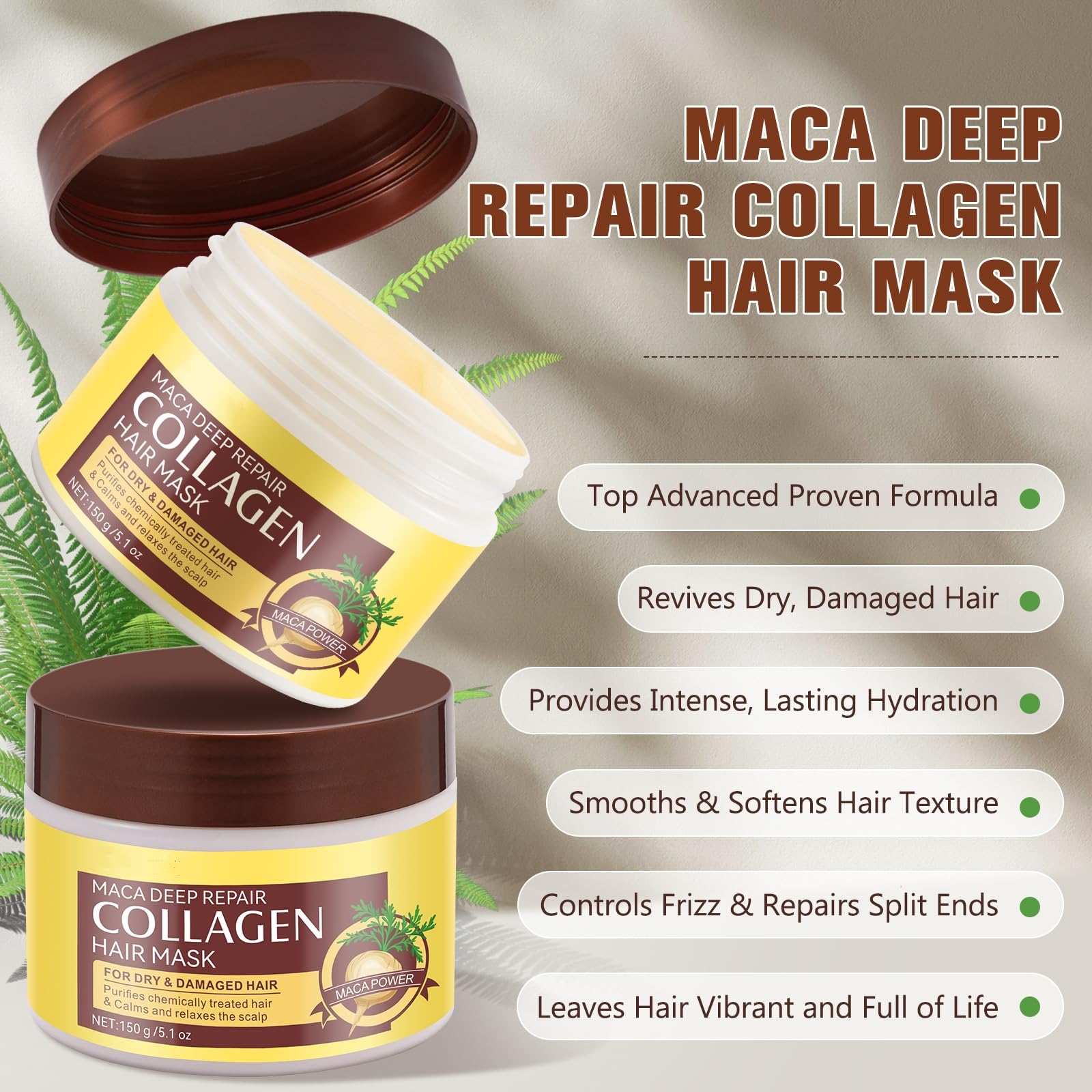 Mascarilla capilar de colágeno, tratamiento capilar de colágeno para cabello seco dañado, acondicionador de reparación profunda con esencia de maca, hidrata e hidrata el cabello, 5.1 fl oz 2