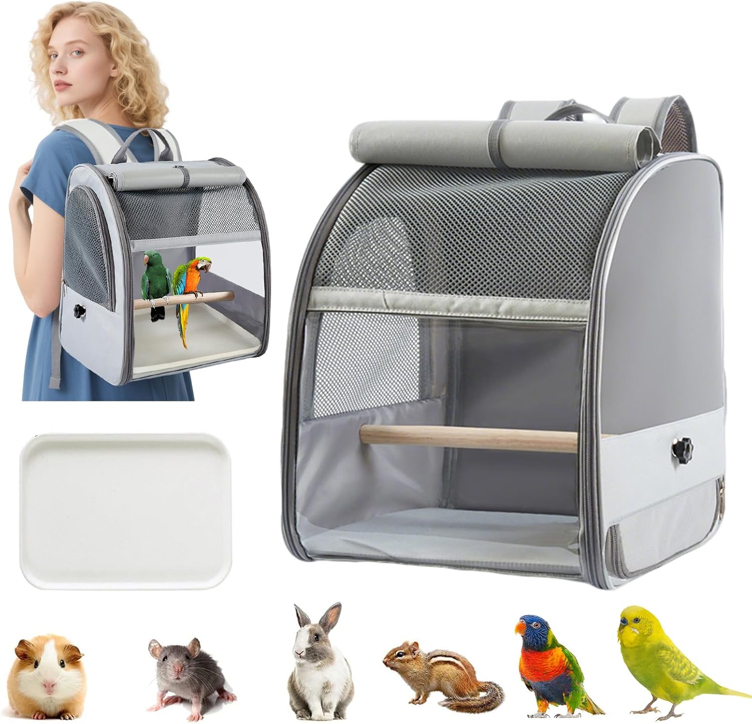 Bird Carrier Backpack,Breathable & Portable,Pet Travel Cage with Upgraded Tray and Standing Perches,Lightweight Foldable Birds Travel Cage for Hiking Camping,for Small Birds, Green Cheek