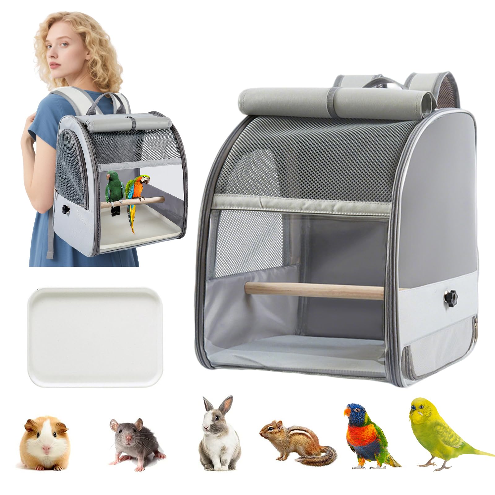 PETCUTE Rucksack für Vögel,Atmungsaktive Vogel Tragetasche mit Stehender Stange,Tragbarer Haustier-Transportkäfig mit Verbessertem Tablett,für Sittiche,Graupapageien, Caique, Senegal,Papageien