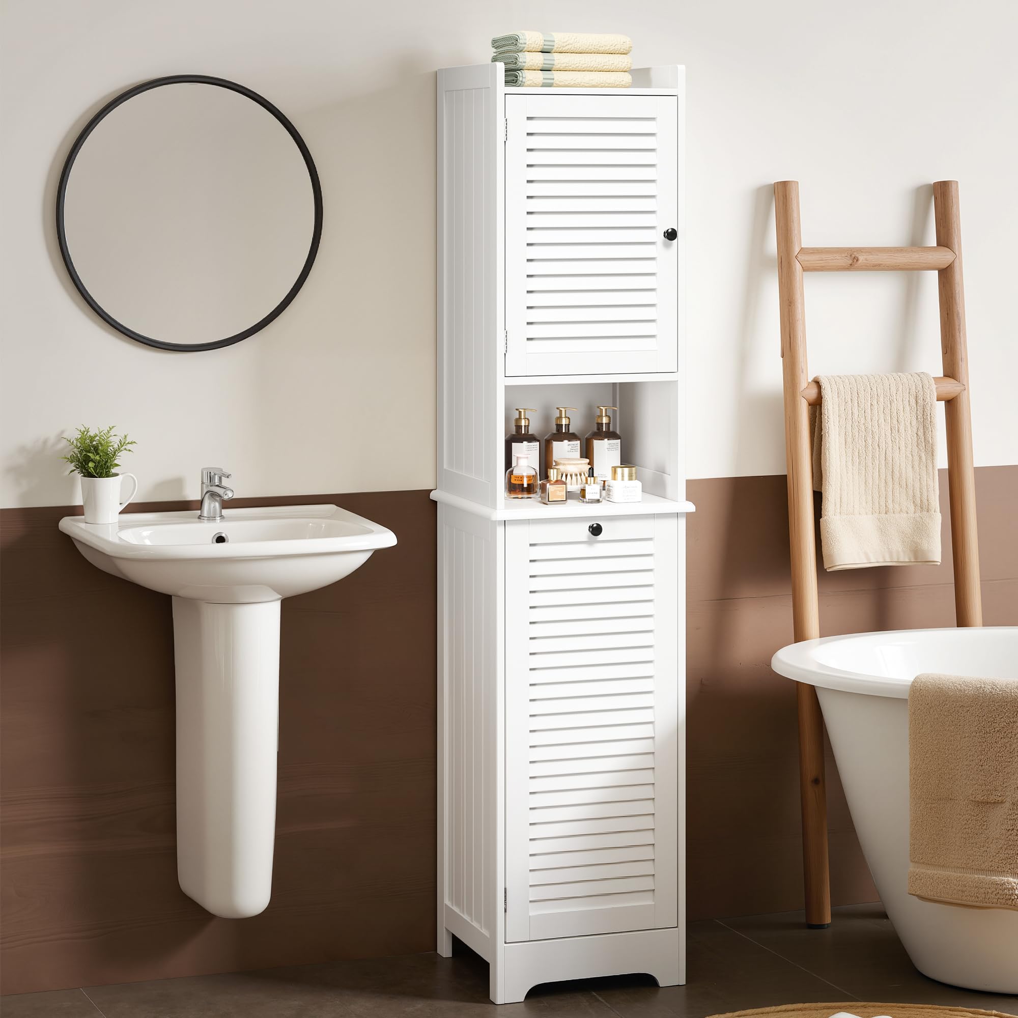 Xbro Mueble Baño con Cesto para Ropa, Armario Columna con Estantería y Puerta con Balda Ajustable, para Baño Pequeño, 40 x 170 x 37 cm, Blanco