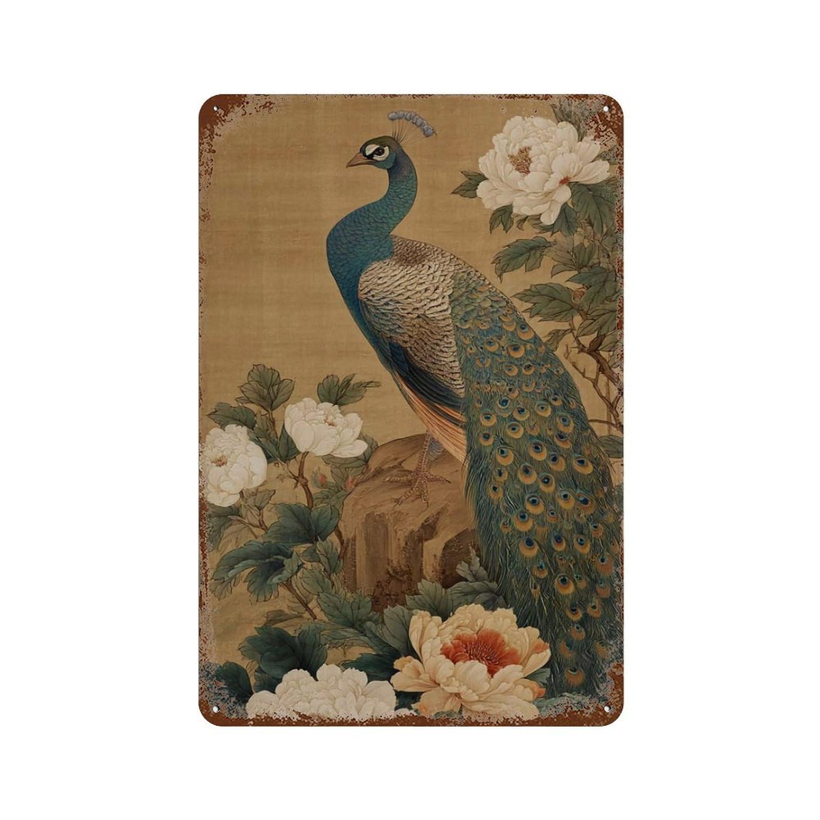 xiaoxiaoshen Oriental Peacock Traditional Asian Bird Design Floral Botanical Antique Nature P Wall Decor Art Metal Tin Poster Modern Home Decor Art Home Bar Shop Decorations Vintage Sign 30x20cm