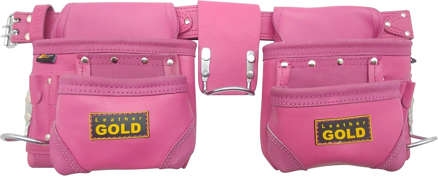 Tool Belt for Women | Womens Pink Tool Belt 3450 | Natural Leather | The 10 Pouches and 3 Hammer Holders are Easily Adjustable | Professional Grade | Durable, Comfortable for All Day Wear