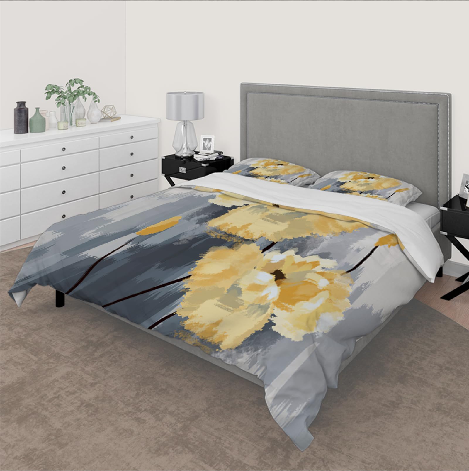 Luxury Duvet Cover Yellow Flower Duvet Quilt Cover Gray Gradient Spring Floral Bedding Set for Kids' Duvet Cover with 2 Pillow Cases 120x200cm