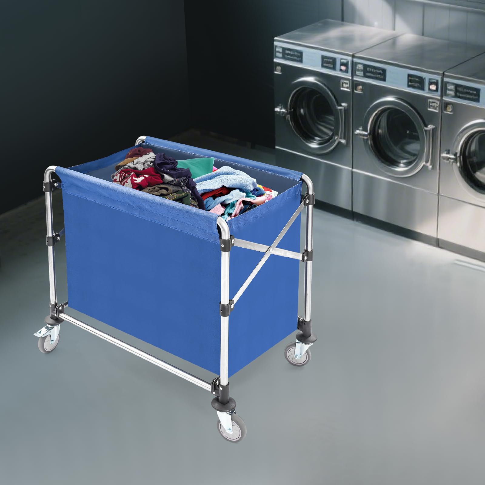 Carro de lavandería con ruedas, de acero inoxidable, carrito de lavandería comercial con bolsa de tela Oxford extraíble, carrito de lavandería plegable, capacidad de carga de 200 kg (azul, 87 x 85 x