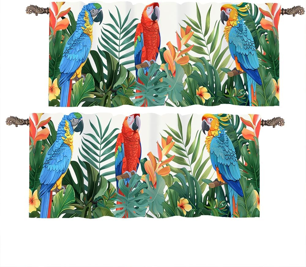 2 Panels Colorful Parrot Floral Curtain Valance for Windows, Rustic Palm Leaf Bird Rod Pocket Short Window Treatment Decor Drapes for Kitchen, Bathroom, 54" X 18"