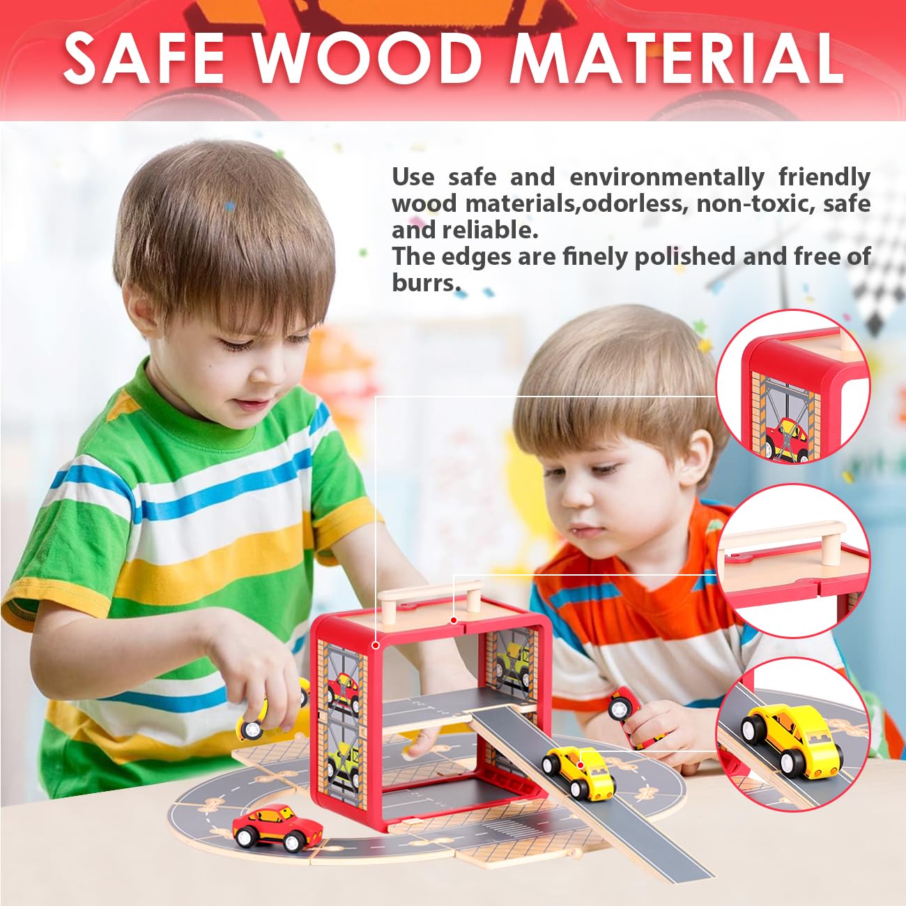 UDEAS Wooden Toy Car Set for Toddlers, Car Track and Parking Garage Playset, Toy Vehivle Set with Blocks Storage Box for Kids Boys and Girls