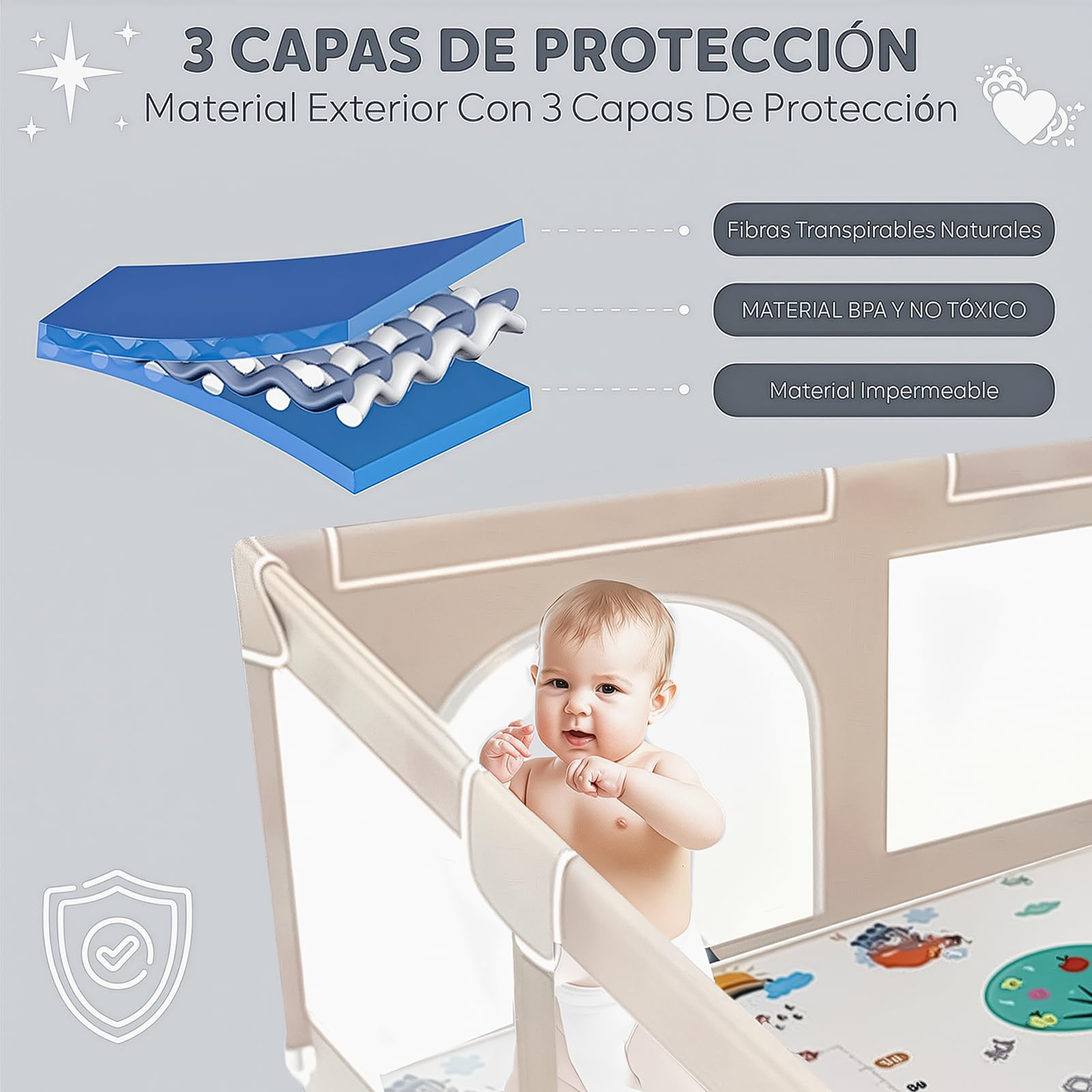 EveryKip® Plac zabaw dla dzieci beżowy 120x120 cm + mata podłogowa + pierścienie + torba do przenoszenia kojec dla dzieci składany oddychający materiał siatkowy dla niemowląt (beżowy)