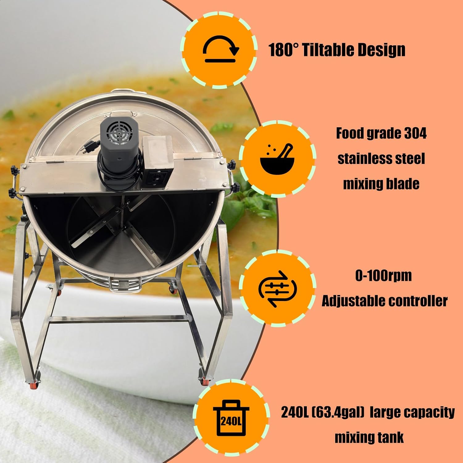 Stainless Steel Automatic Food Mixer 240L/63.4gal Electric Natural Gas Heating Stirrer Electric Pot Stirrer for large restaurants or cafeterias 110V