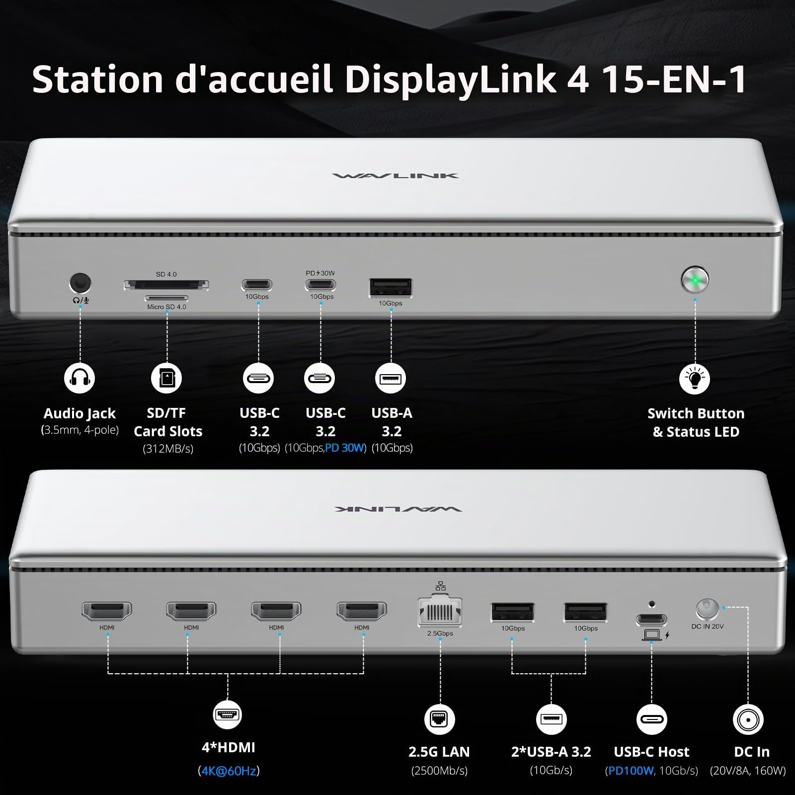WAVLINK Station d'accueil USB-C DisplayLink Premium Compatible avec Nouveau MacBook Neo, Quad 4K 60Hz 4 HDMI, 15 en 1 100W Charge, LAN 2,5G, USB 3.2 PD pour M1/M2/M3 Mac Windows