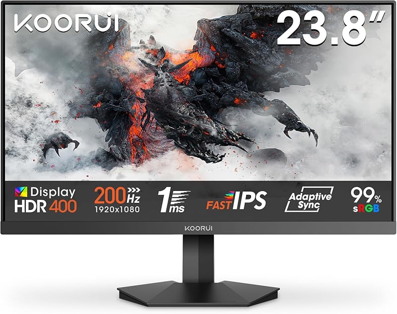 KOORUI G2411P Ecran PC Gamer 24 Pouces, 200Hz Ecran Gaming, Fast IPS, FHD 1080P, 1ms, HDR 400, Adaptive Sync, VESA 75x75mm, HDMI 2.0 & DP1.4, Faible Lumière Bleue