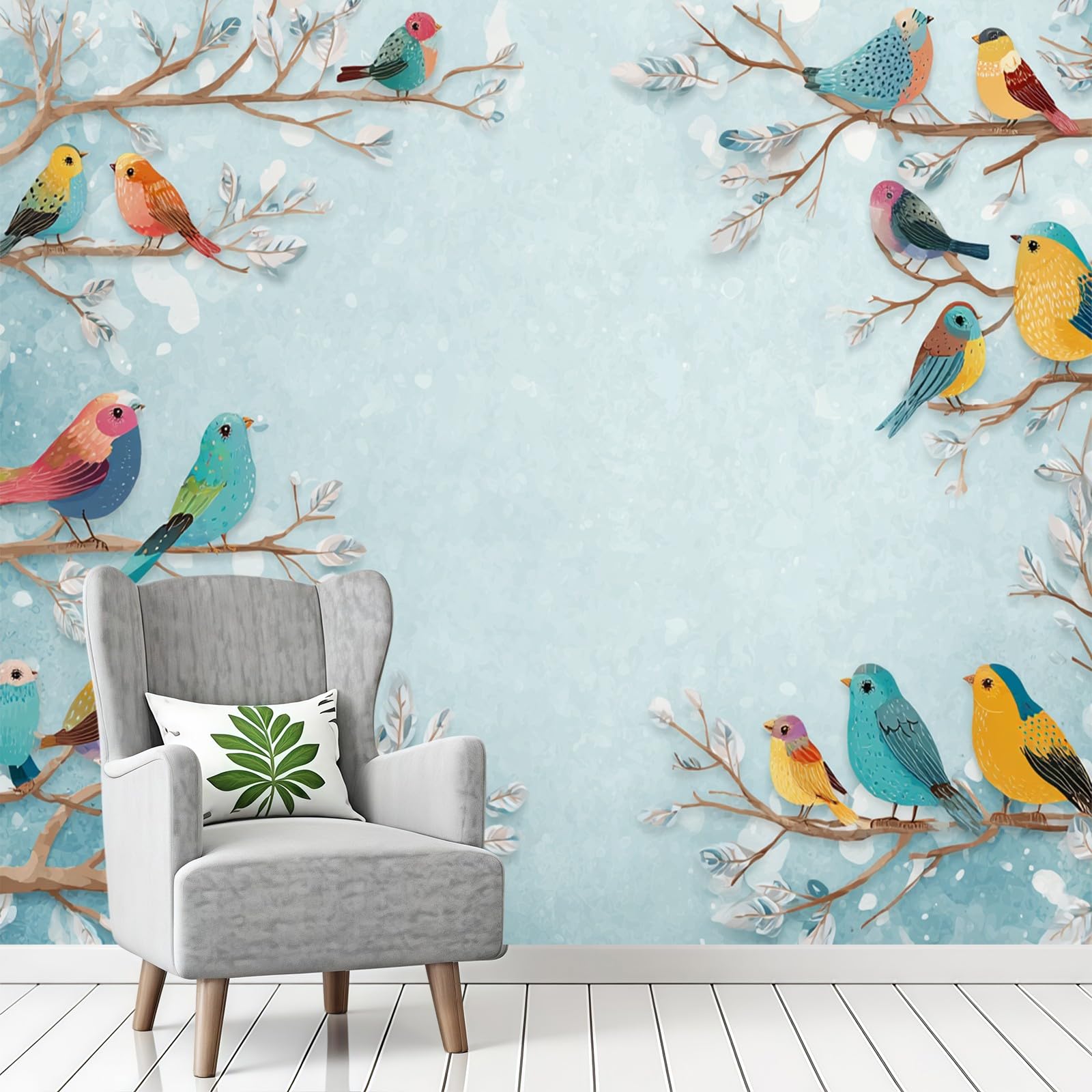 Papier Peint Oiseaux à l'aquarelle Intissé Bleu Décoration Murale Salon Chambre Tapisserie Murale 300 x 210 cm Moderne