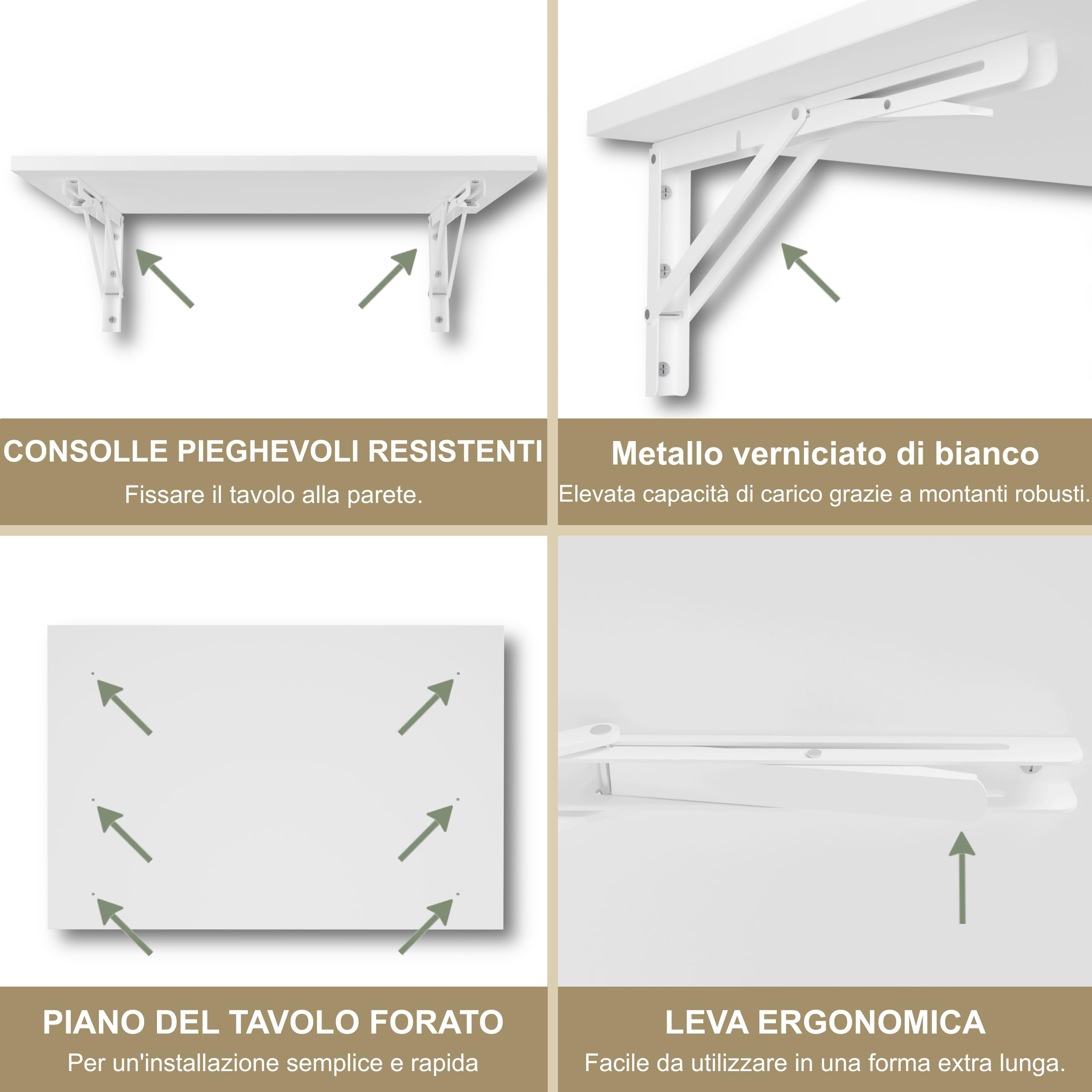 KDR - Tavolo pieghevole da parete, 60 x 40 cm, colore: bianco, tavolo da pranzo, scrivania, tavolo da cucina o posto di lavoro, salvaspazio e versatile