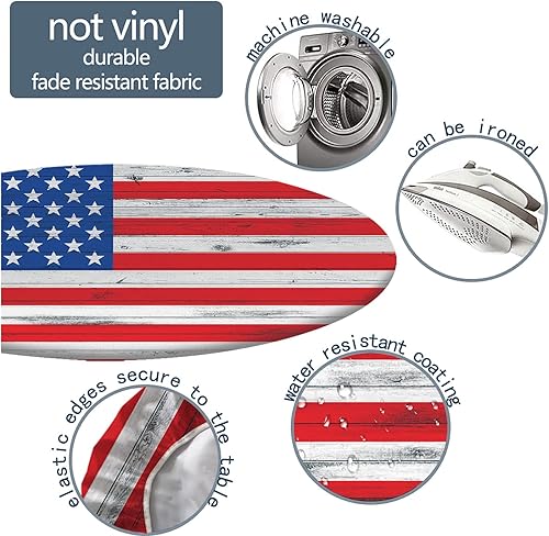 Miniatura 5 de Mantel redondo ajustable con bandera estadounidense, bandera del 4 de julio sobre fondo de grano de madera, borde elástico, para