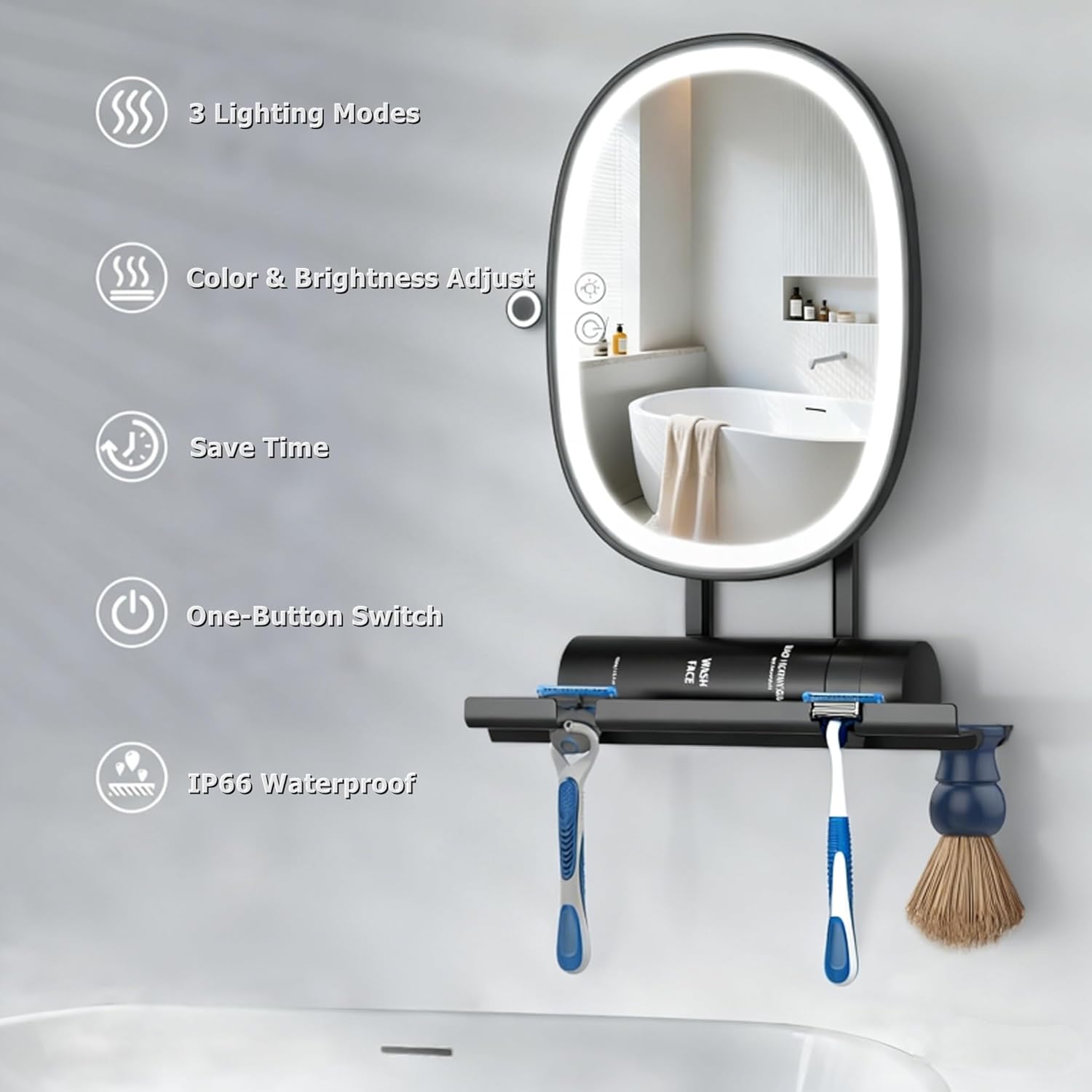 ZJchao Lighted Fogless Shower Mirror for Shaving, White Warm Neutral Light Adjustable HD Anti Fog Wall Mounted Mirror with Built in Shelf and Hooks, 3 Lighting Modes