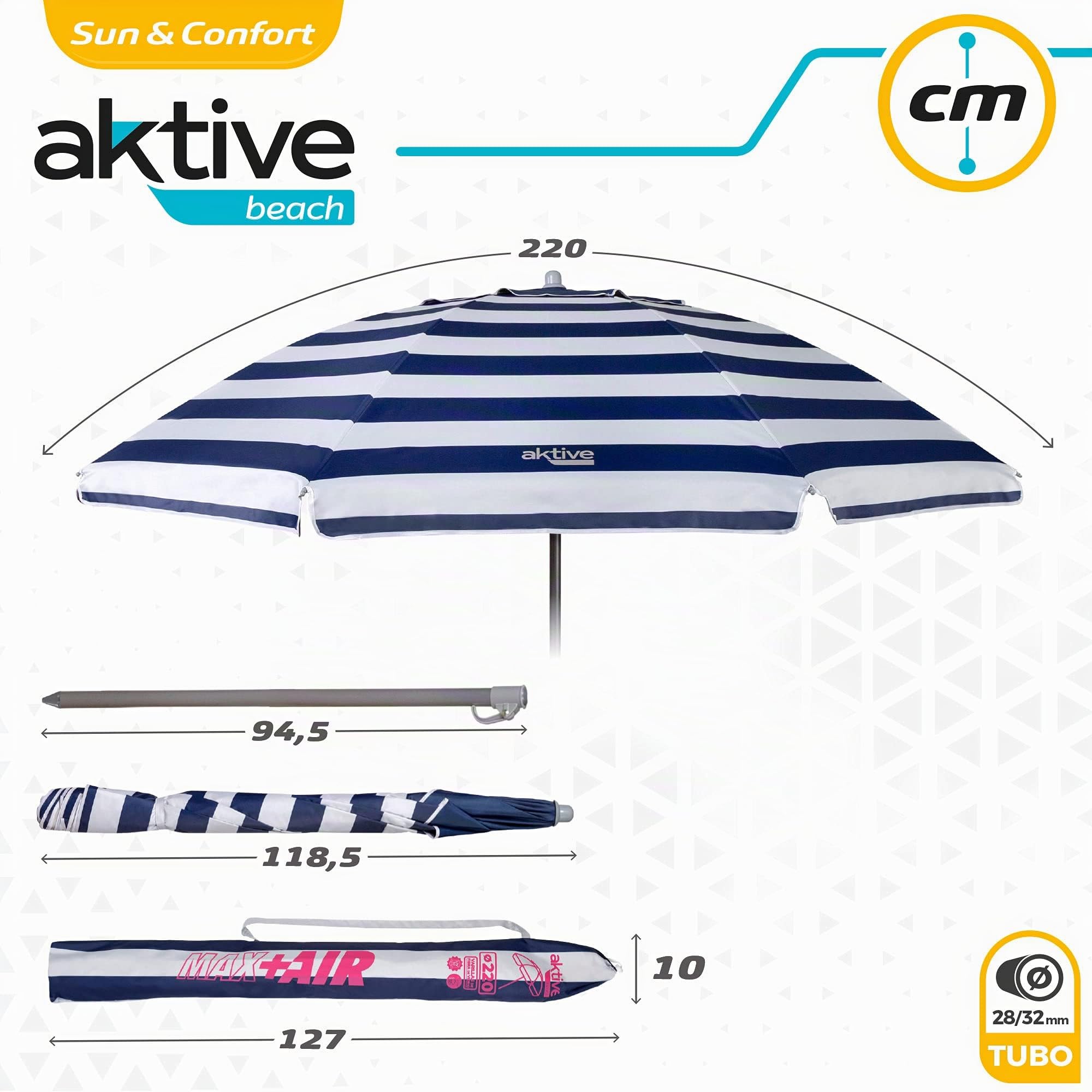 AKTIVE Parasol de Plage, 220 cm, Pare-Soleil Résistant au Vent, Toit de Ventilation, Mât 28-32 mm, Protection UV50, Motif Rayures Sailor, Sac de Rangement Inclus