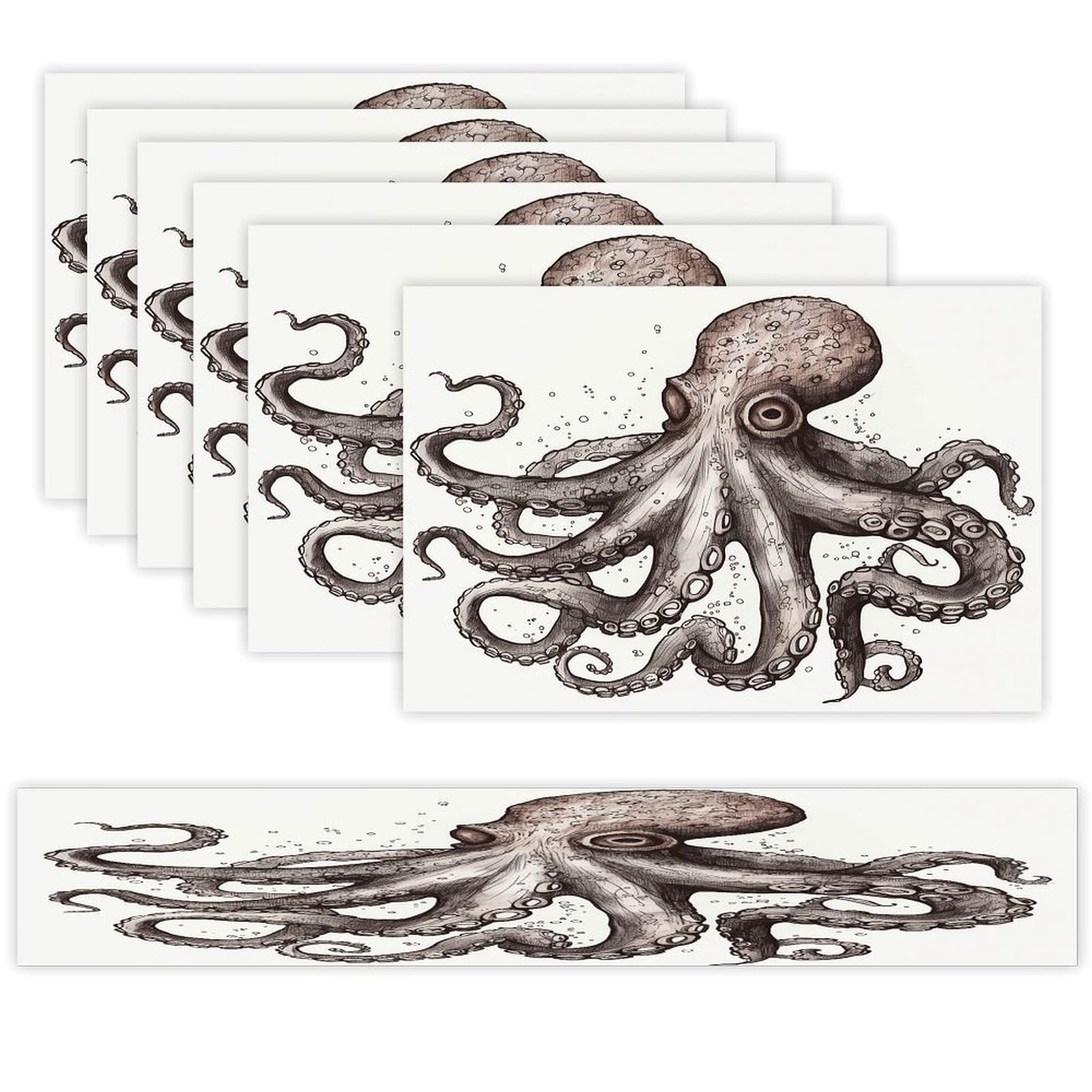 Octopus Table Runner and Placemats of 6 Washable Heat Resistant Place Mats with Table Runner Vintage Holiday Table Mat Set for Holiday Party Kitchen Dining Deco