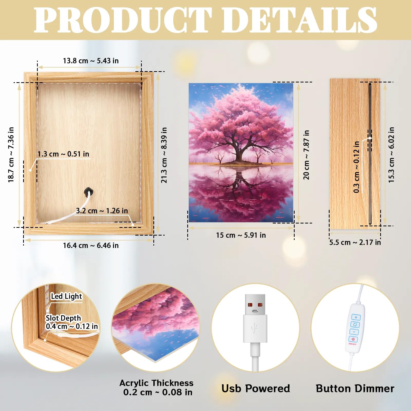 Light Up Painting, Colorful Tree Wall Art Picture Light Mystical Tree Light Up Desktop Art Frame, 10 Brightness USB Powered 3 Lighting Modes, Anxiety Relief Gift for Bedroom Home-Without Acrylic Panel