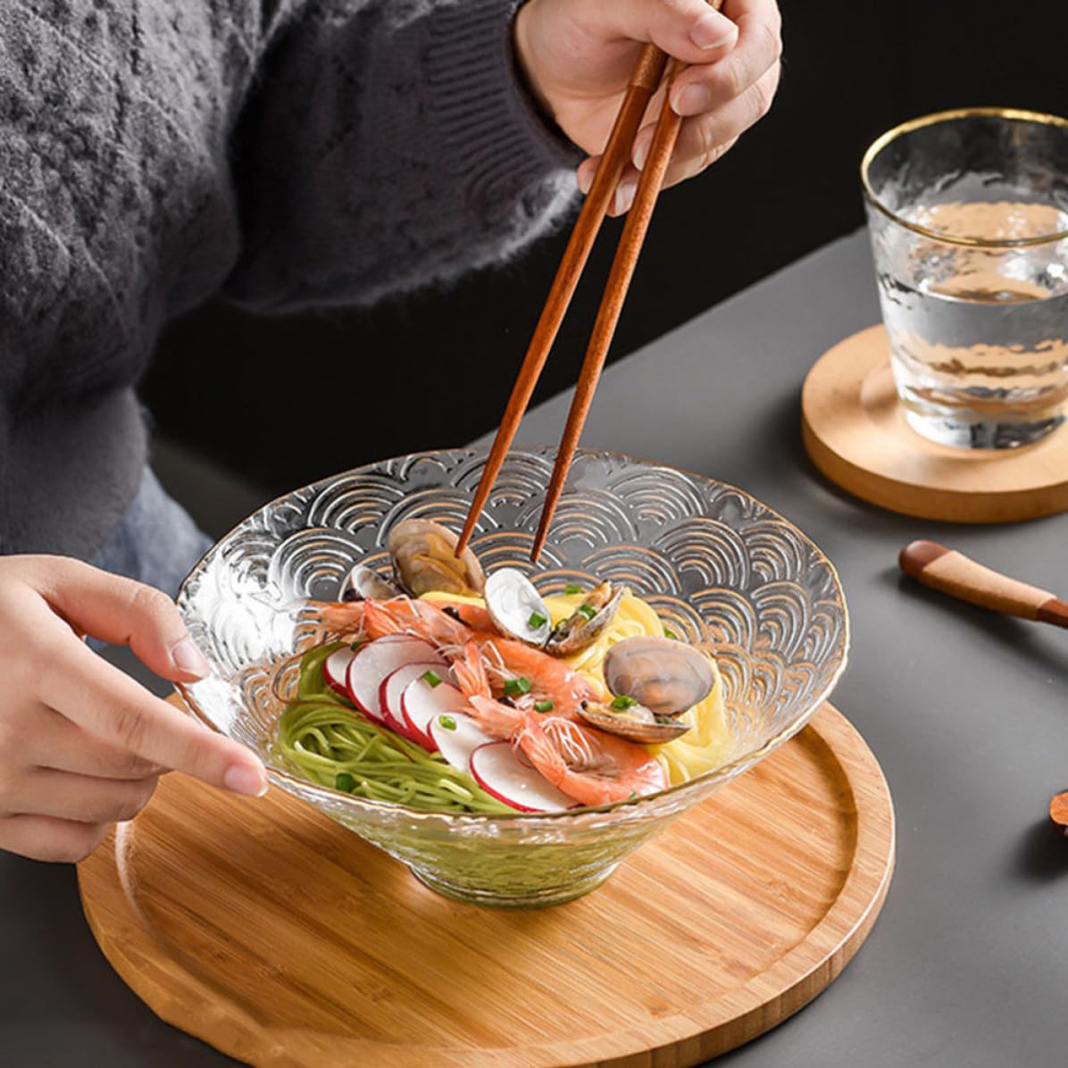 Garneck Bol à Salade de Type Japonerie Bol en Verre Épaisseur Renforcée pour Repas Froids et Chauds