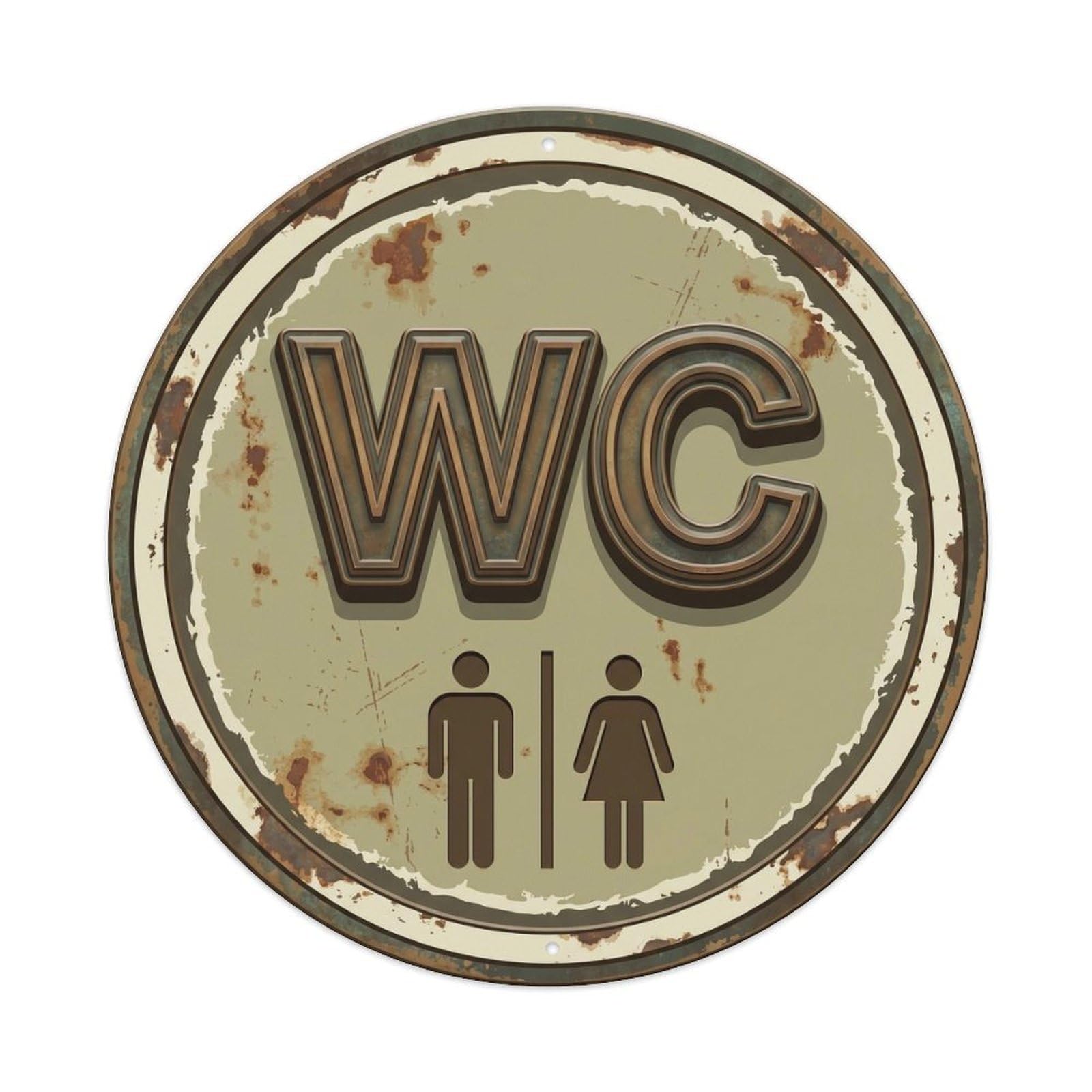 Toilet （WC） Faded Khaki Plate Metal Tin Sign Plaque Wall Decor for Cafe, Club Bar, Office, Home Garden Round Metal Poster 8x8Inch