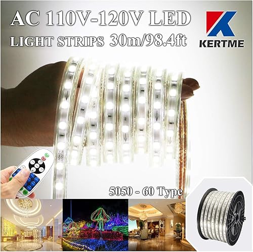 KERTME Tira de luces LED blancas tipo 5050-60 CA de 110-120 V, flexible, impermeable, regulable, multimodos de luz LED + control remoto de 23 teclas