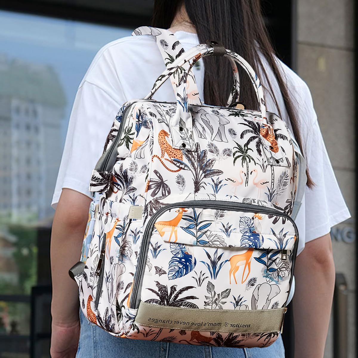 SONARIN Multifuncional Nylon Mochila de Pañales para Bebé,Gran Capacidad Impermeable Bolsa de Pañales Bolso Cambiador Bolsa de Viaje para Pañales con Cambiador & Ganchos Carrito Bebé(Animales)