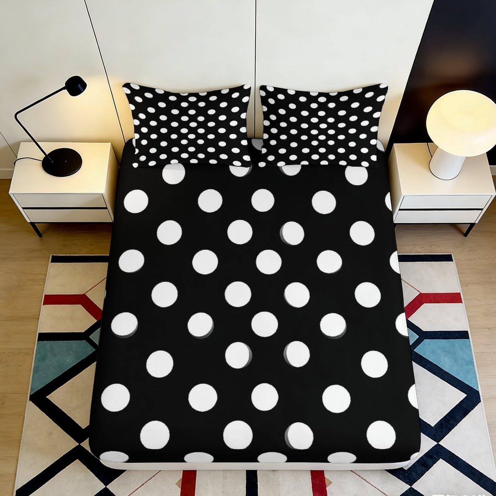 3D Printed Black Polka Dot Fitted Sheet Microfiber Soft Mattress Cover White Spot Bed Sheet for Bedroom Decor 90x200x25cm