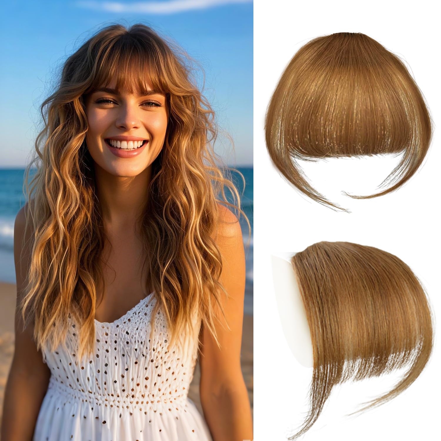 YTBYT Clip in Bangs 100% Human Hair Wispy Bangs with Temples Clip in Hair Extensions Air Bangs for Women Daily Wear Hairpieces (Light Brown)