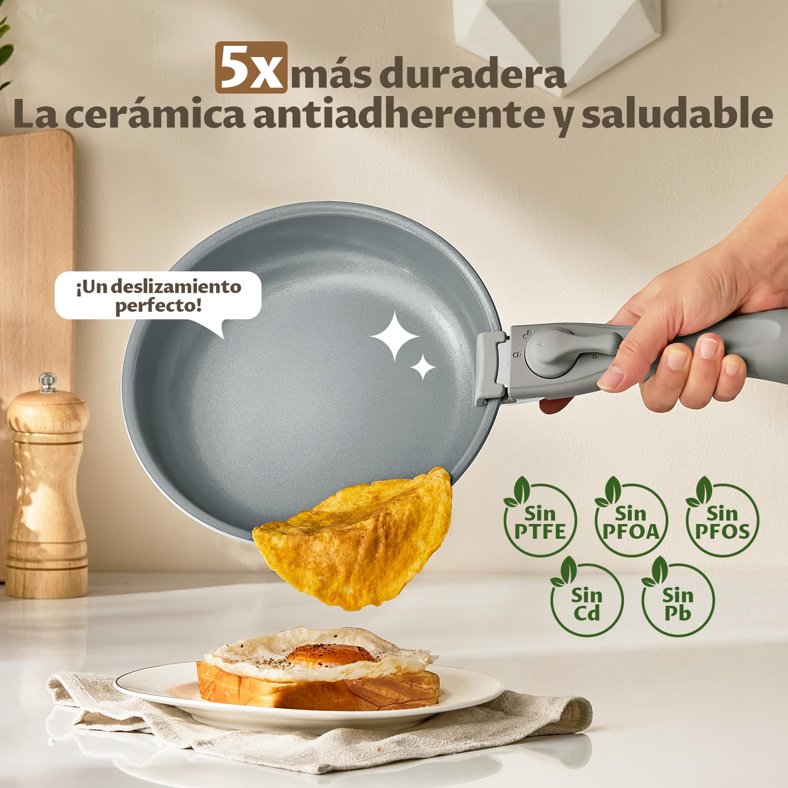 BLAZANT Juego de Sartenes de Cerámica 7 Piezas con Mango Extraíble | Sartenes 20/24/28 cm para Cocinas Pequeñas, Camping y Caravana | Apilables, Inducción, Horno hasta 240°C, Sin PFAS