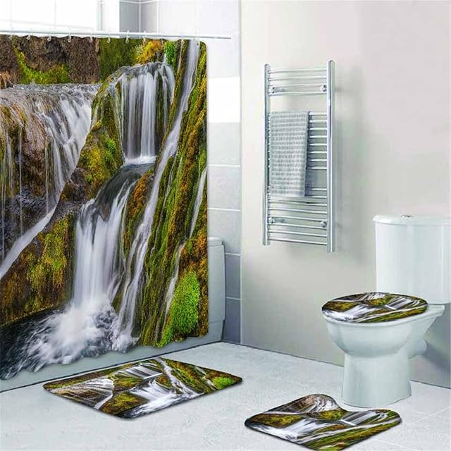 Fgolphd Shower Curtain Waterfall Landscape Format 180 x 200 cm 180 x 180 cm Beach Colourful Bathroom Rug 4-Piece Set Shower Curtains Waterproof (7.200 x 200 cm)