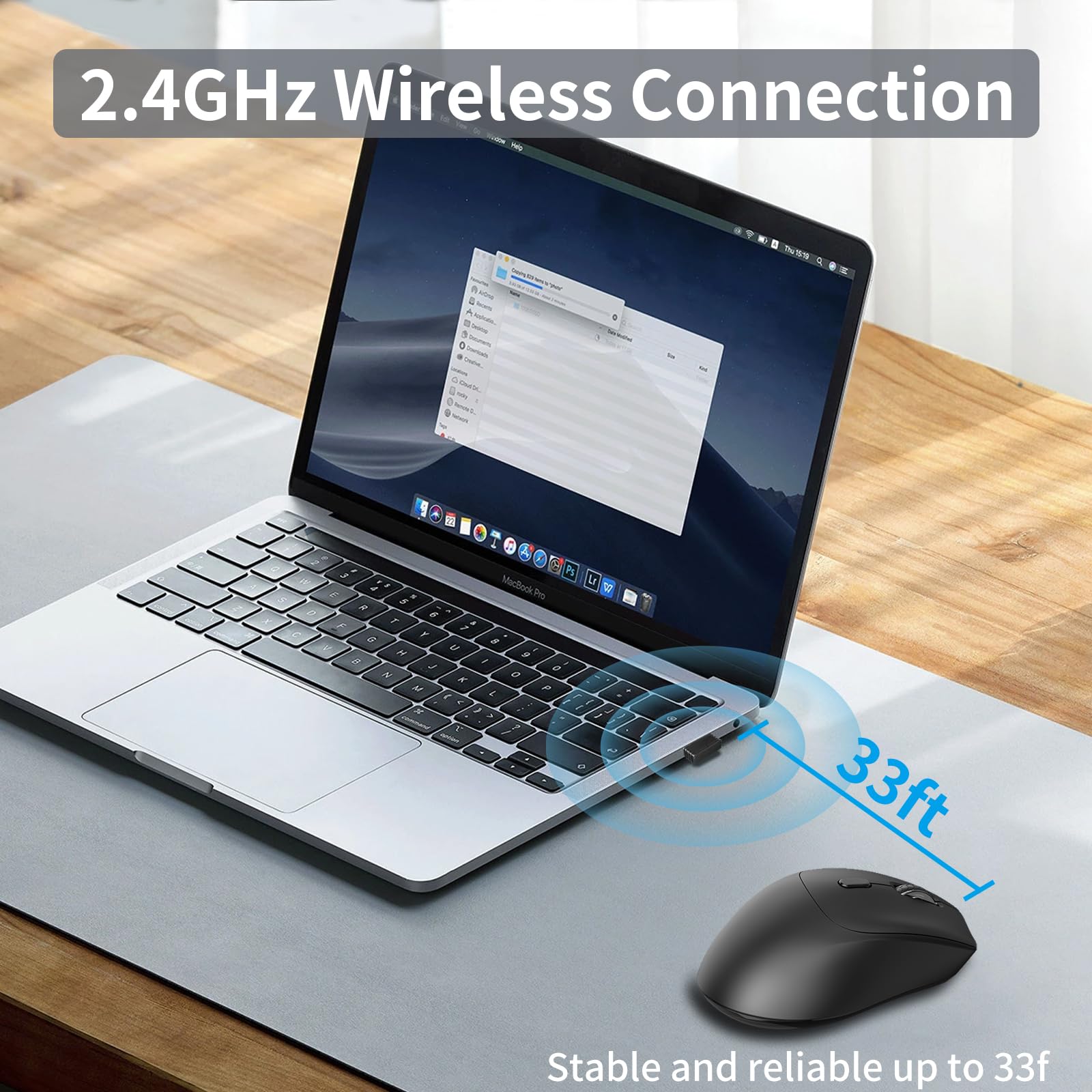 Ratón inalámbrico ergonómico, botones laterales, 2400 DPI, ratón inalámbrico silencioso y antideslizante, 2,4 GHz con receptor USB, 6 botones, apto para laptop, PC, Chromebook y Windows, color negro