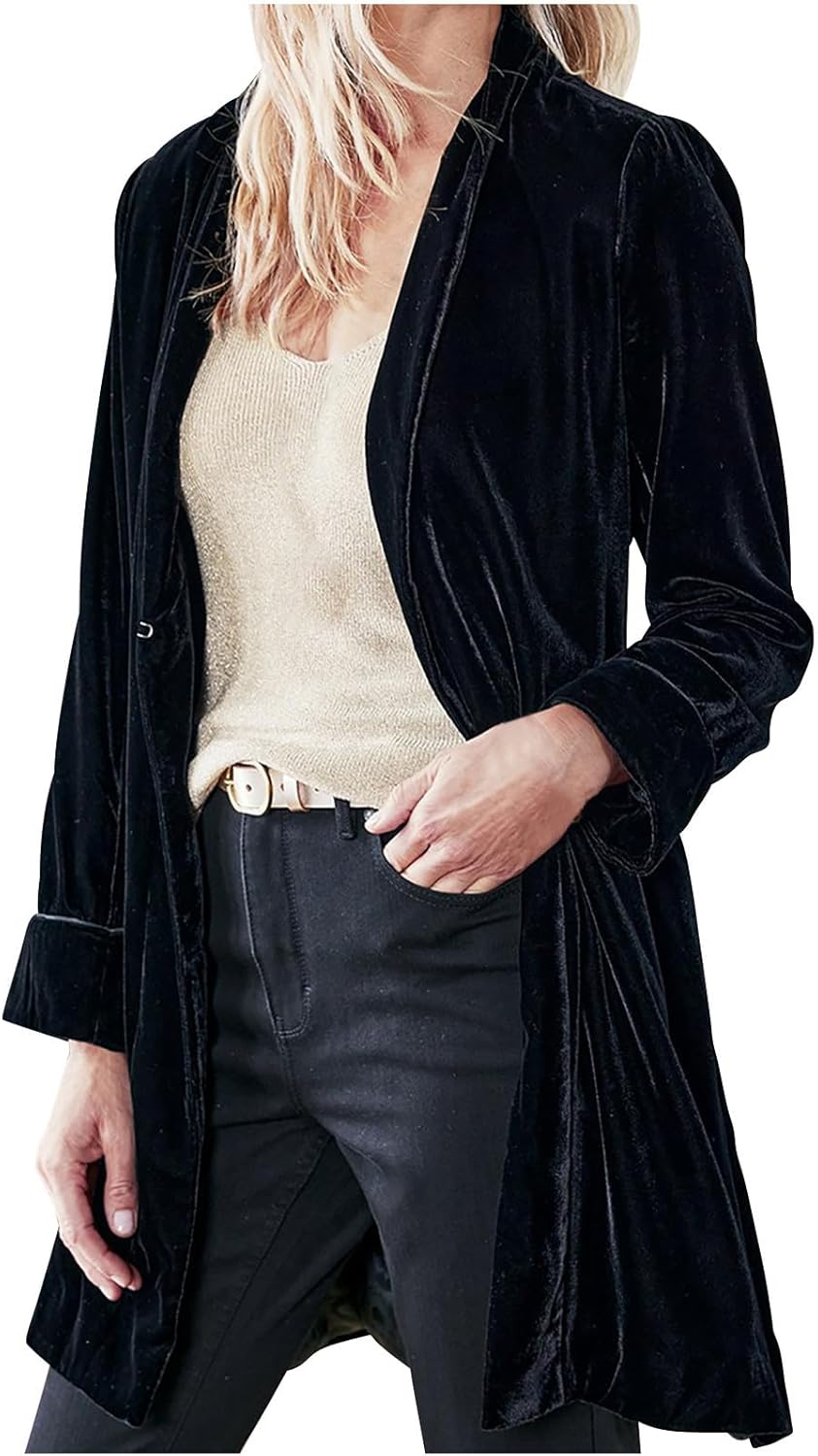 Open Front Velvet Cardigan for Women Long Sleeve V Neck Velour Tops Shirt Trendy Solid Color Casual Tunics Blouse