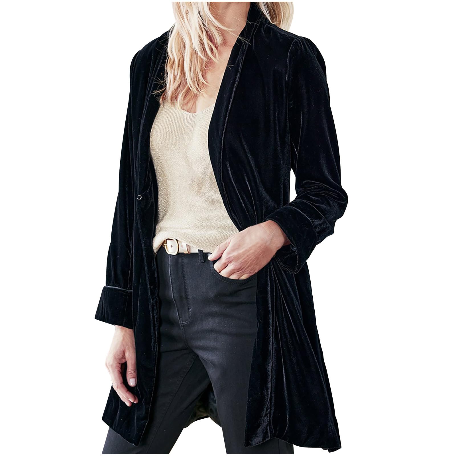 HGps8w Womens Velvet Blazer Jackets Casual Long Sleeve Lapel Collar Long Business Work Cardigan Outerwear