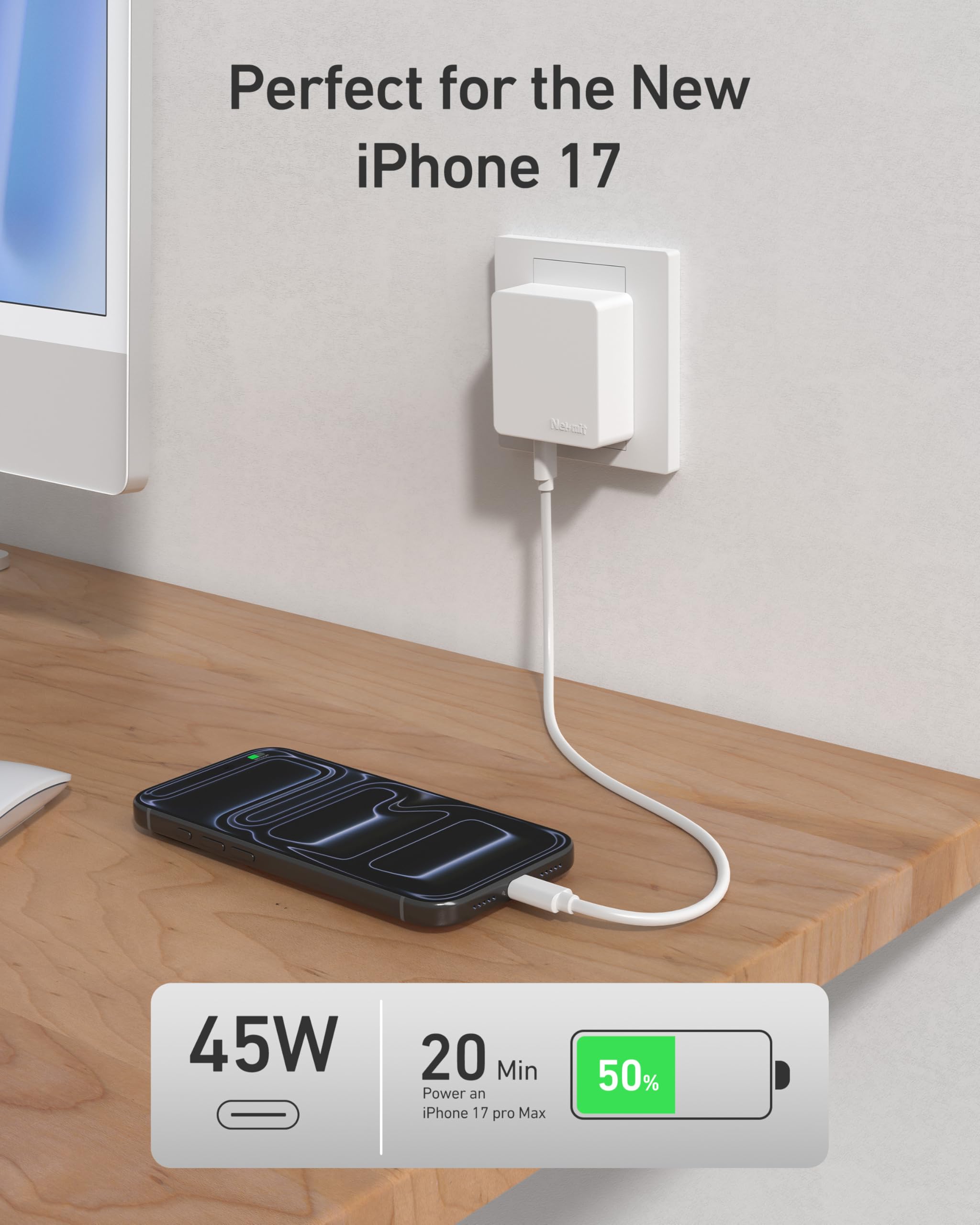 Nekmit - Caricatore da parete piatto USB C, caricatore USB veloce PPS a doppia porta da 45 W, spina da parete sottile USB C per iPhone 17/16 e altre serie, MacBook Air, iPad