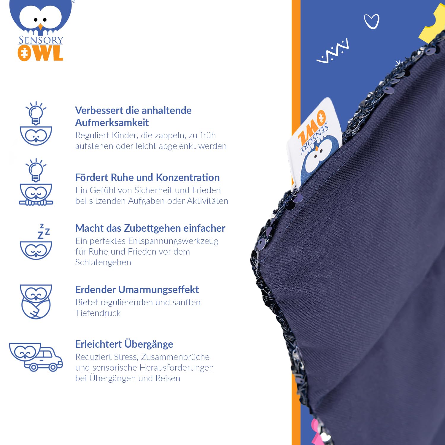 Gewichtskissen Gewichtetes Schoßkissen Beschwertes Kissen Kinder Erwachsene Sensorisch Stressabbau Autismus ADHD Hilfsmittel Pailletten Glasgranulat 30 x 40 cm 4 kg Marineblau Silber