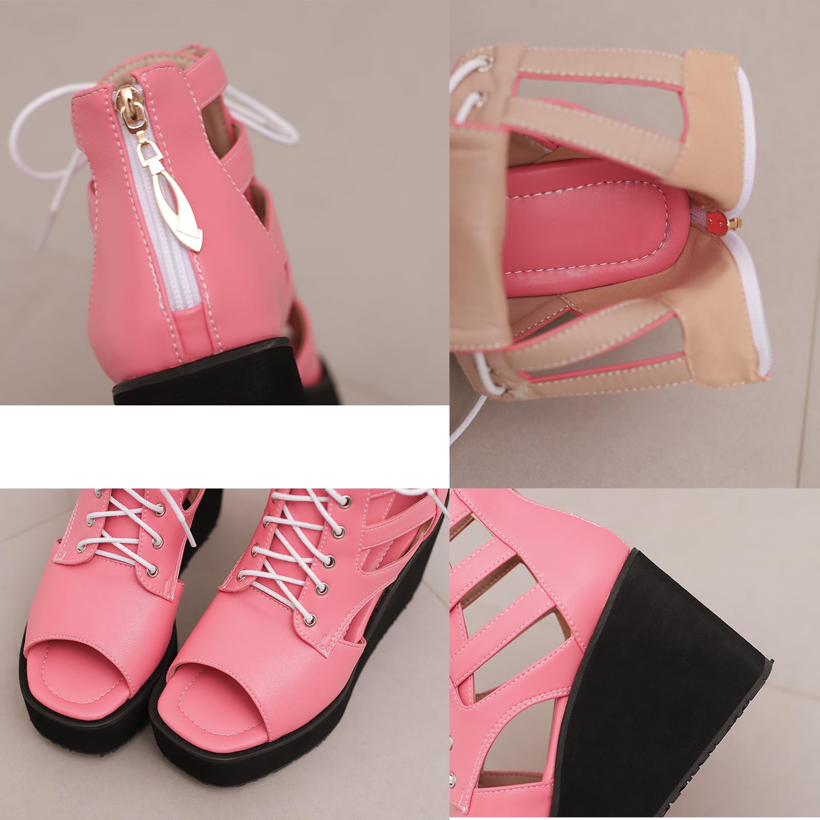 Sandalias Cuna Mujer Negro Gotico Cordones Cutout Peep Toe Plataforma
