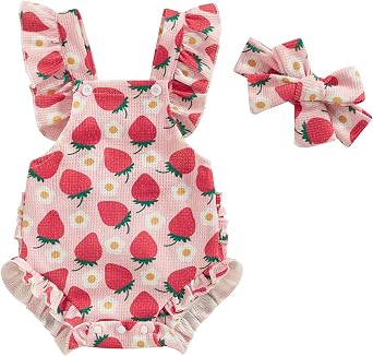 Infant Baby Girl Summer Clothes Outfits Cute Print Fly Sleeve Romper Jumpsuit Bodysuit with Headband