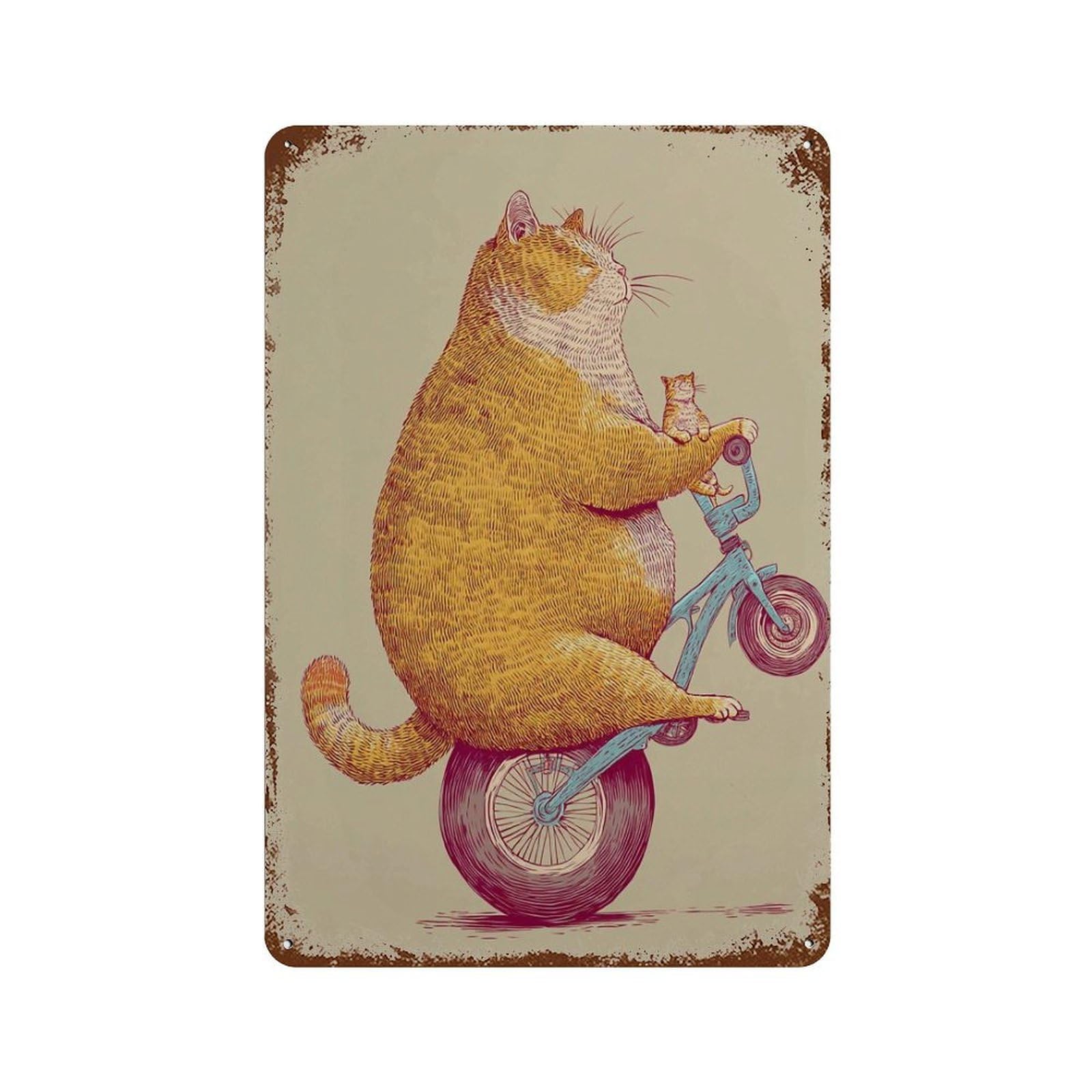 xiaoxiaoshen Funny Cat Chubby Unicycle Whimsical Animal Playful Orange Riding Bike Wall Decor Art Metal Tin Poster Modern Home Decor Art Home Bar Shop Decorations Vintage Sign 30x20cm